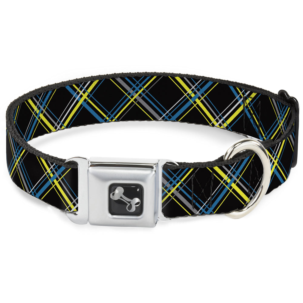 Dog Bone Seatbelt Buckle Collar - Plaid Black/Yellow/Turquoise/Gray