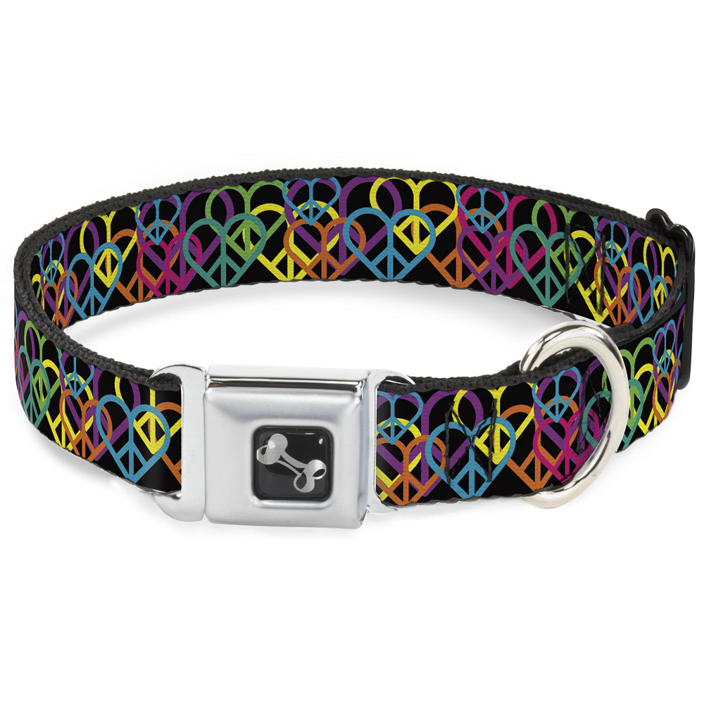 Dog Bone Seatbelt Buckle Collar - Peace Hearts Stacked Black/Neon