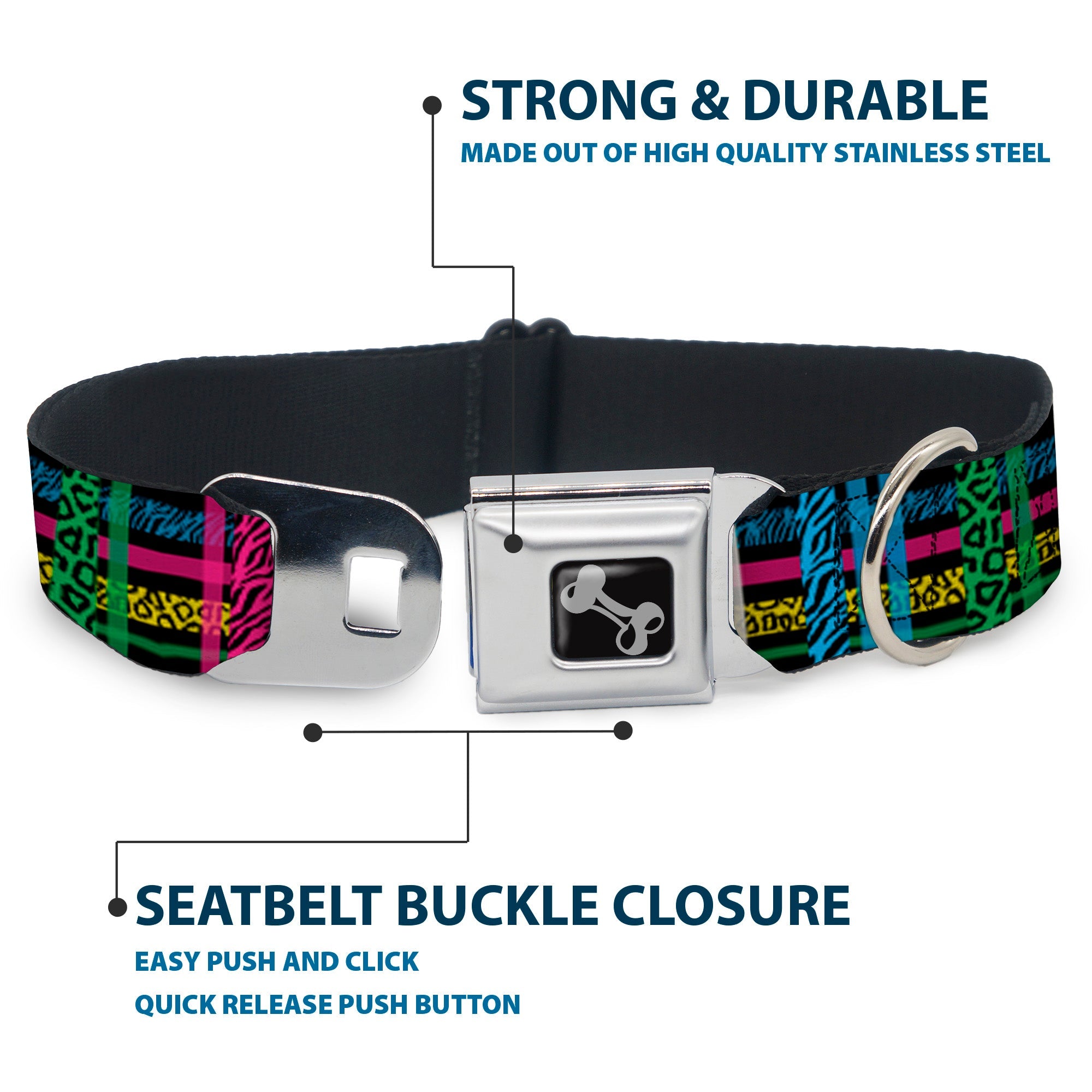 Dog Bone Seatbelt Buckle Collar - Plaid Black/Neon Animal Skins
