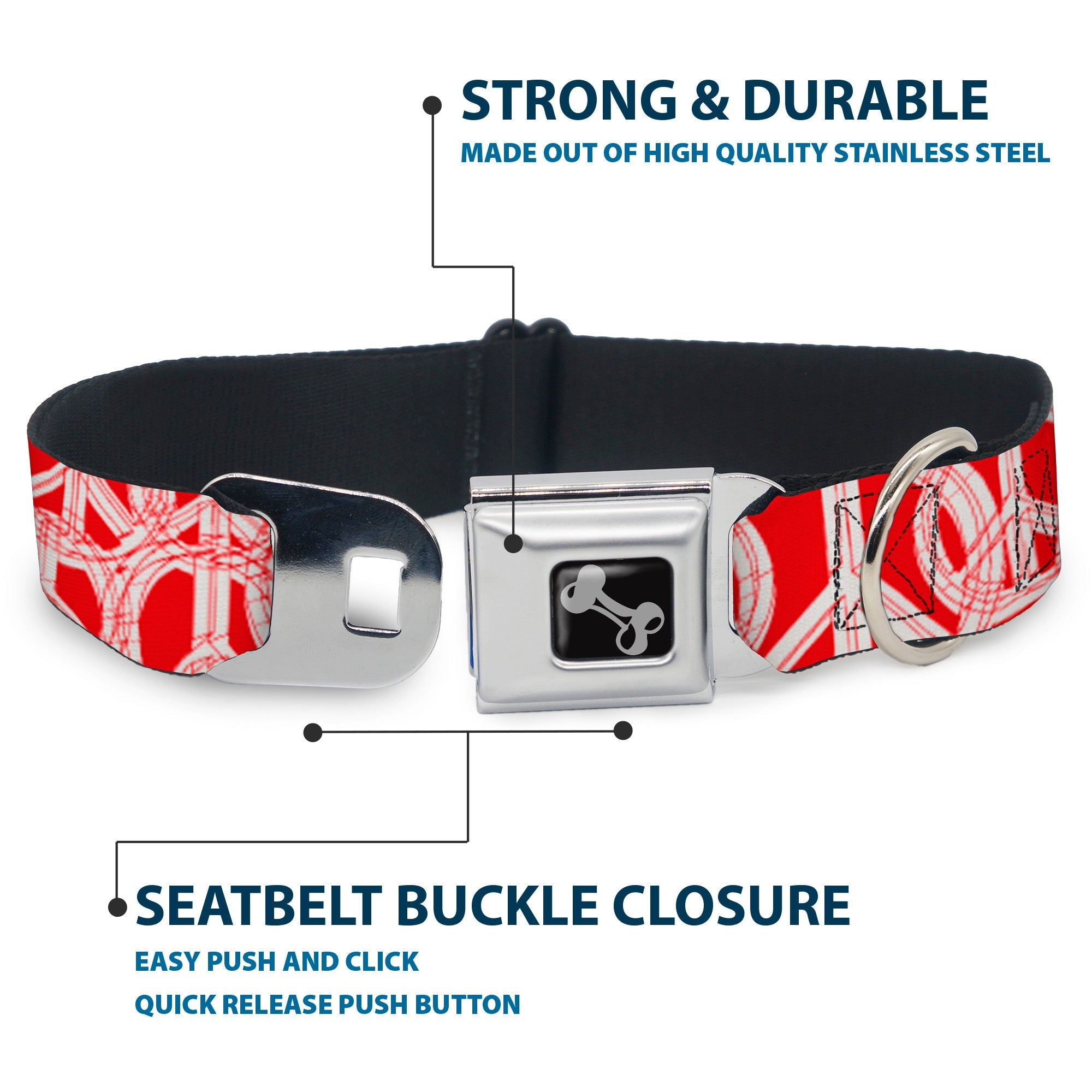 Dog Bone Seatbelt Buckle Collar - Peace Sketch Red/White