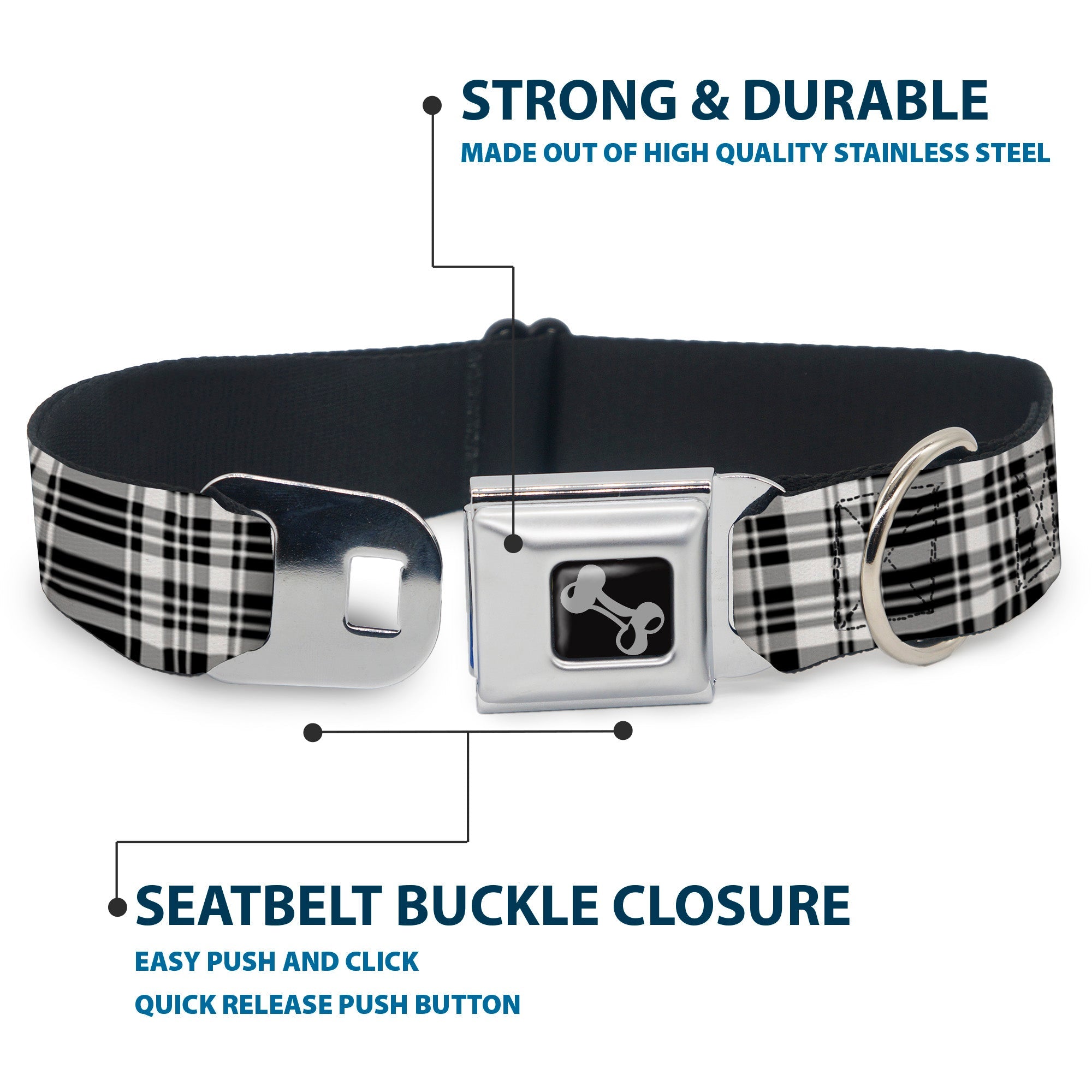 Dog Bone Seatbelt Buckle Collar - Plaid Black/White