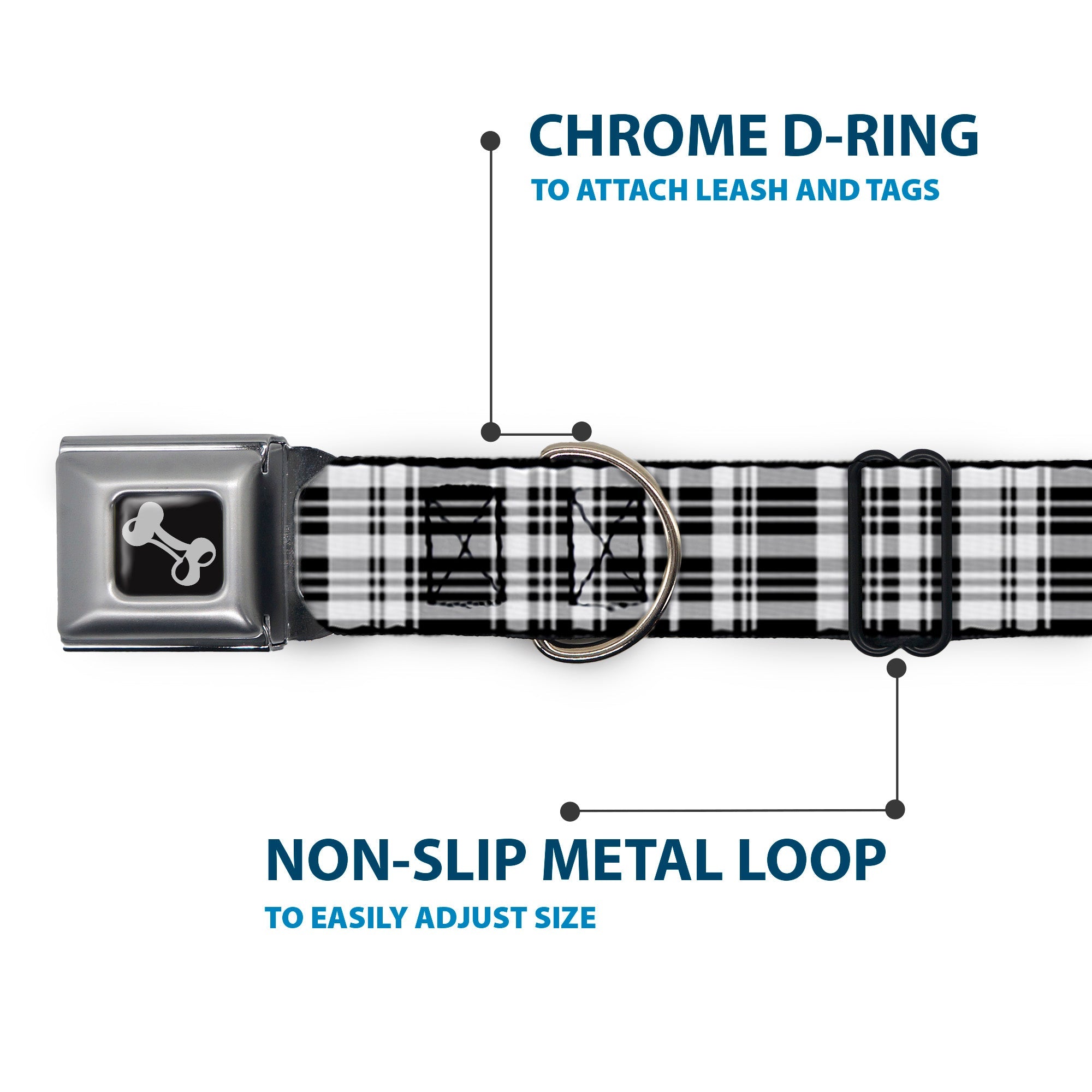 Dog Bone Seatbelt Buckle Collar - Plaid Black/White