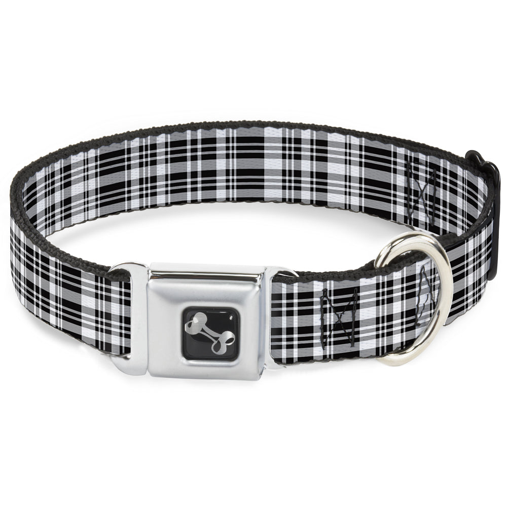 Dog Bone Seatbelt Buckle Collar - Plaid Black/White