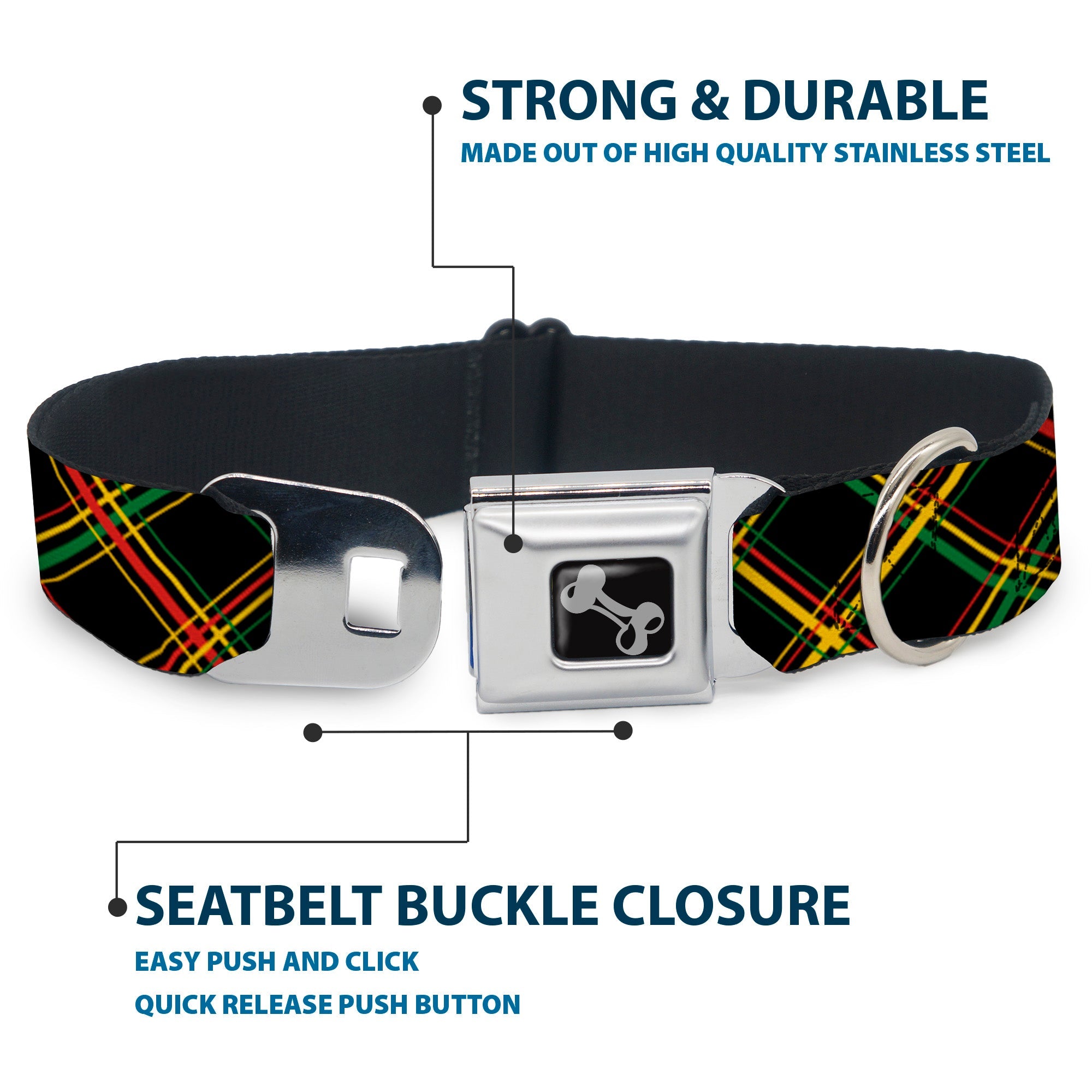 Dog Bone Seatbelt Buckle Collar - Plaid X Rasta