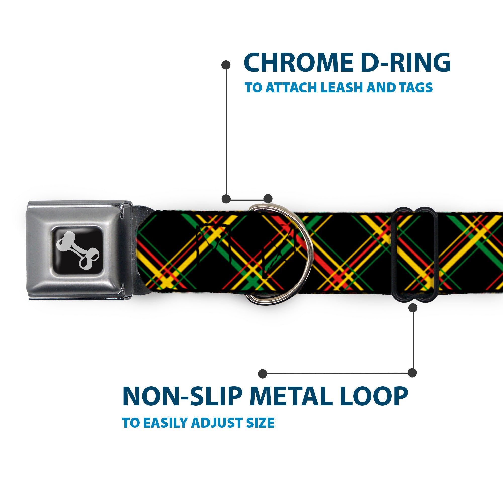 Dog Bone Seatbelt Buckle Collar - Plaid X Rasta