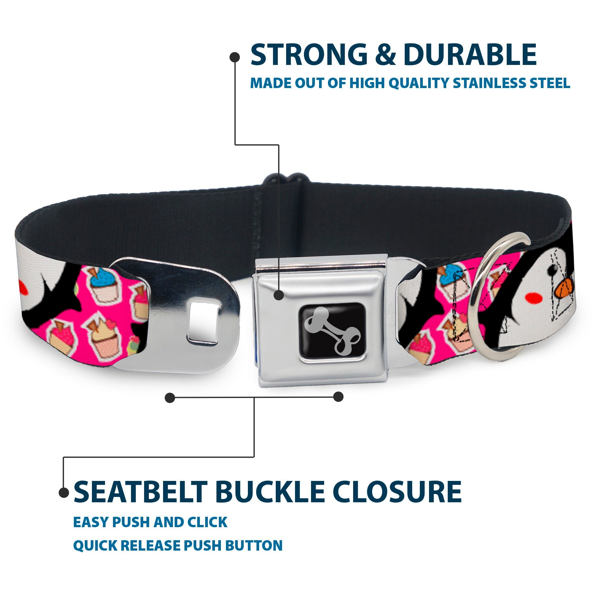 Buckle-Down Dog Bone Black/Silver Seatbelt Buckle Dog Collar - Penguins w/Cupcakes Fuchsia/Purple/White