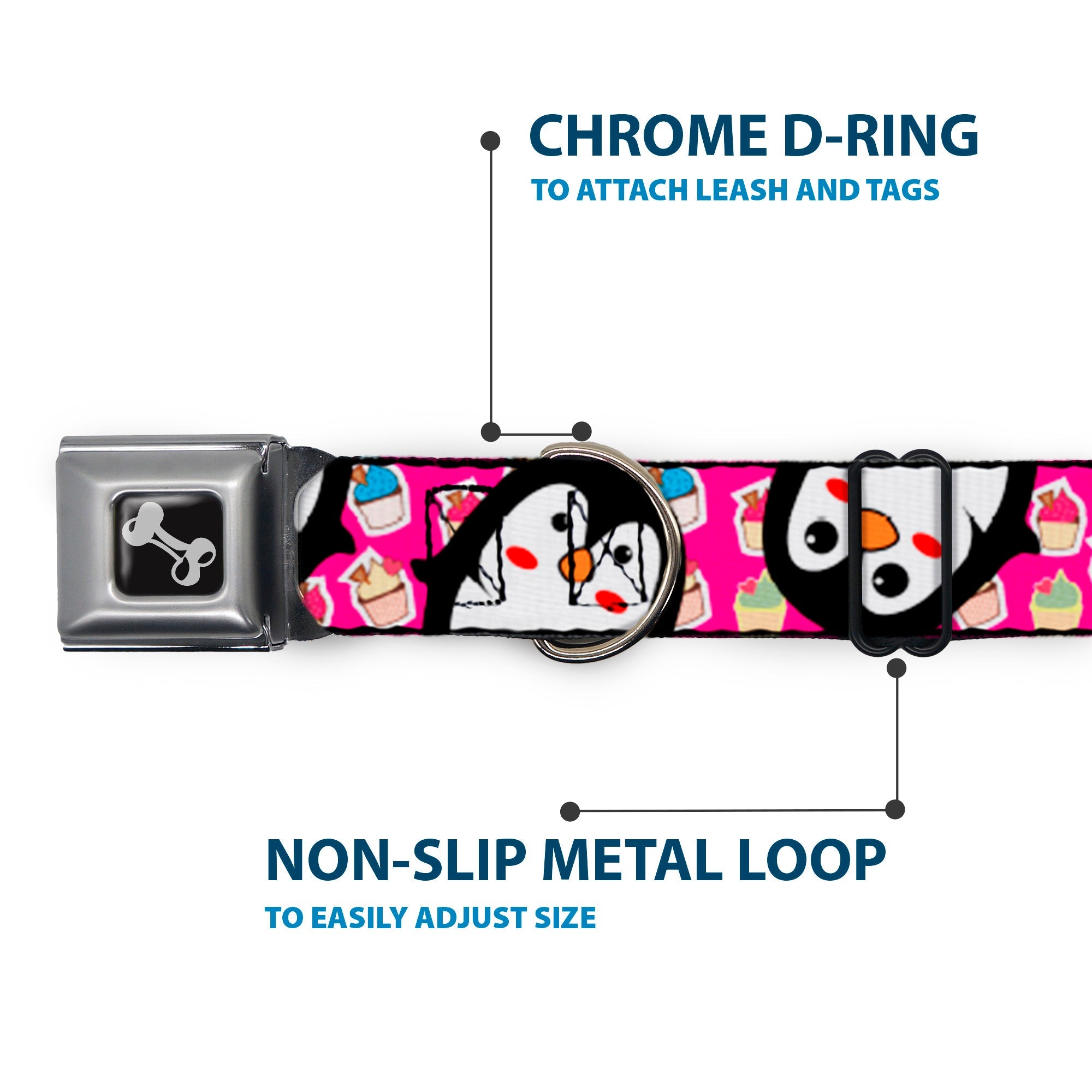 Buckle-Down Dog Bone Black/Silver Seatbelt Buckle Dog Collar - Penguins w/Cupcakes Fuchsia/Purple/White