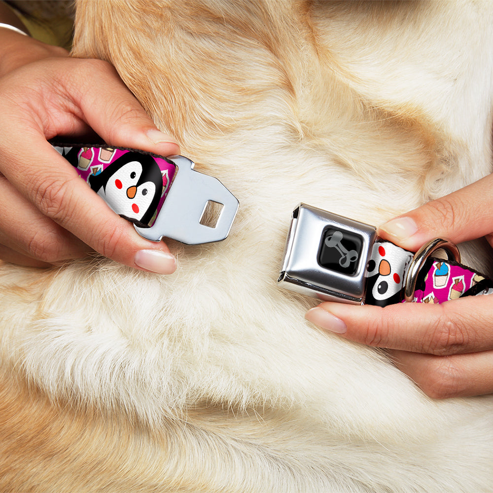 Buckle-Down Dog Bone Black/Silver Seatbelt Buckle Dog Collar - Penguins w/Cupcakes Fuchsia/Purple/White