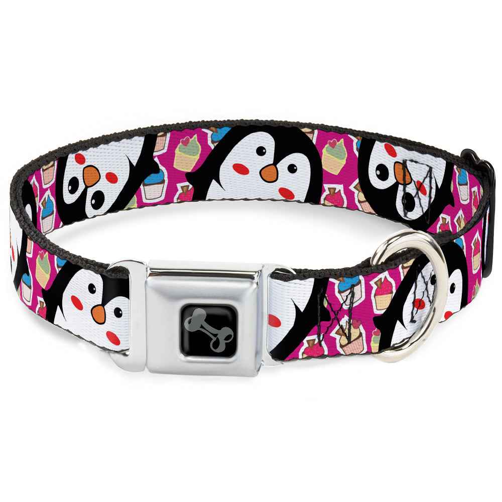 Buckle-Down Dog Bone Black/Silver Seatbelt Buckle Dog Collar - Penguins w/Cupcakes Fuchsia/Purple/White