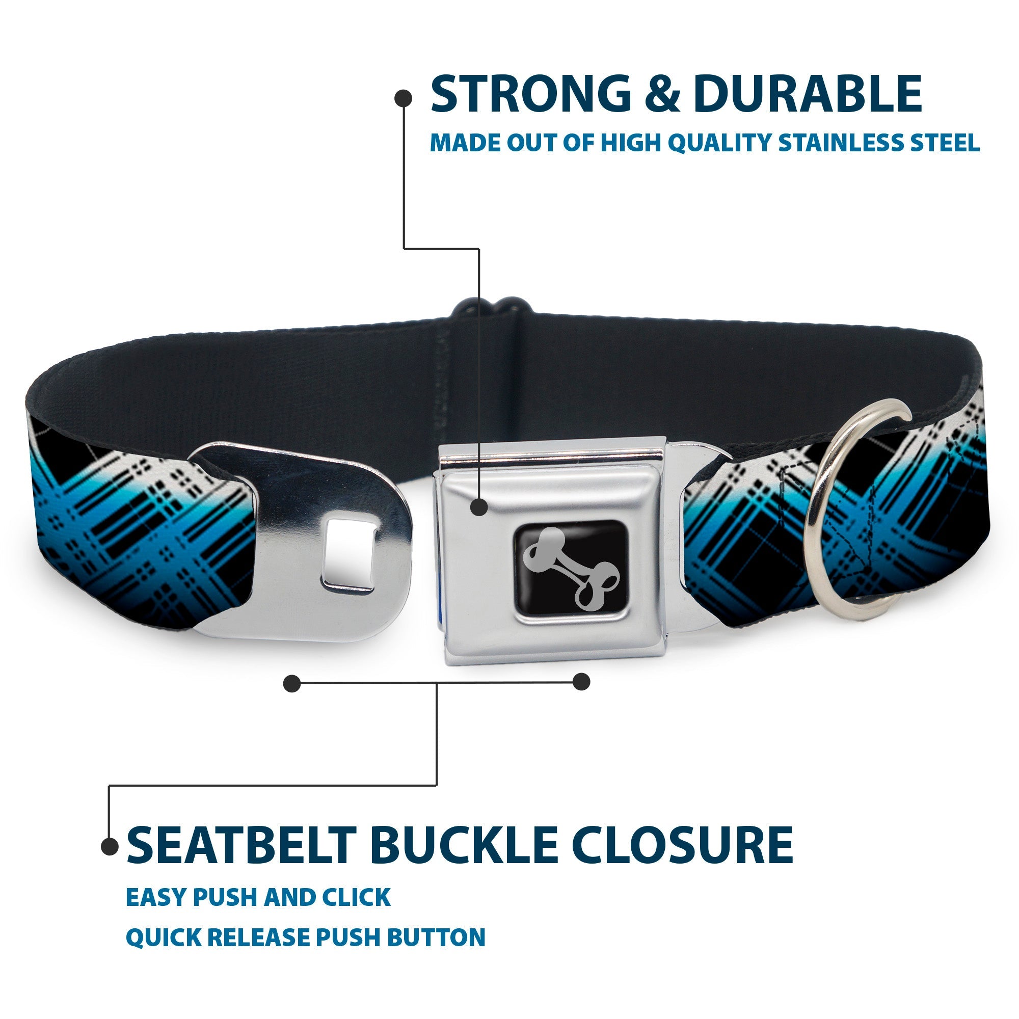 Dog Bone Seatbelt Buckle Collar - Plaid X Gradient Black/White/Blue
