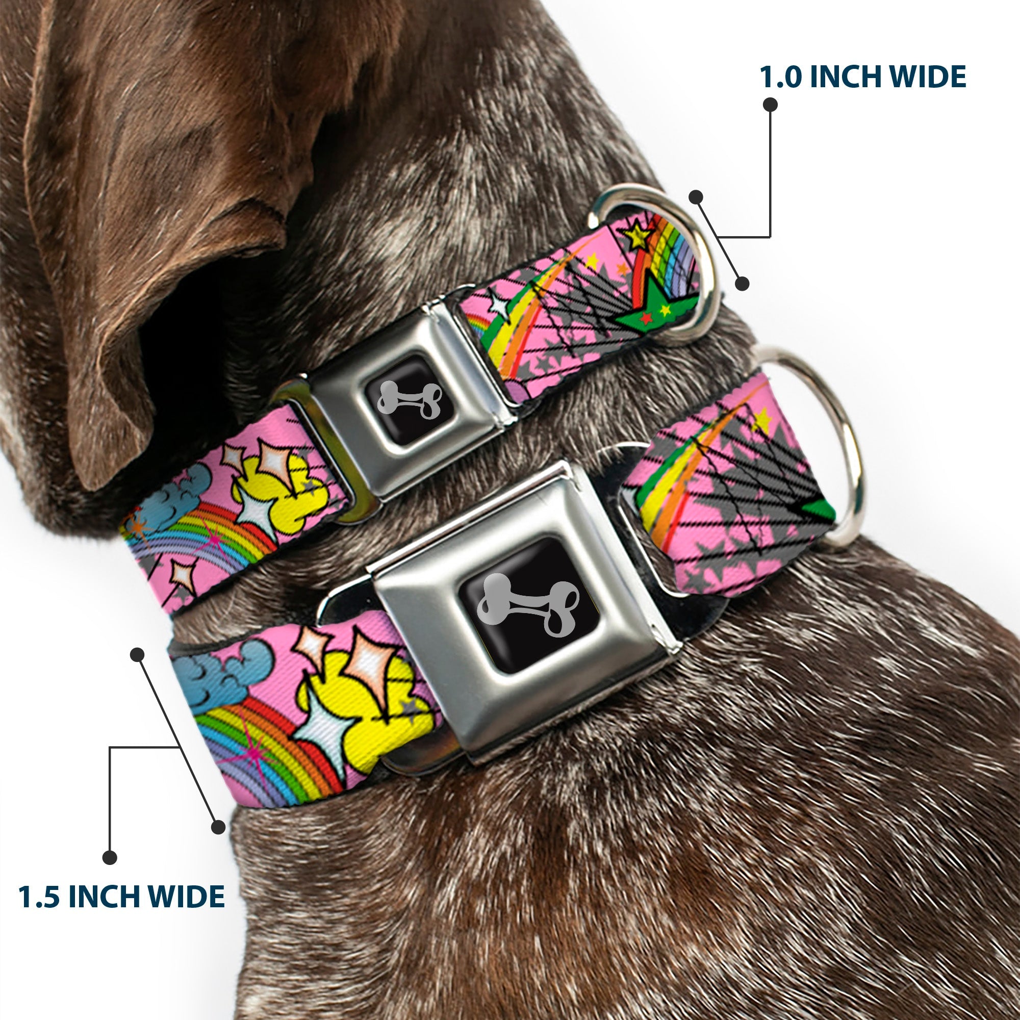 Dog Bone Seatbelt Buckle Collar - Rainbow Cloud Stars Pink