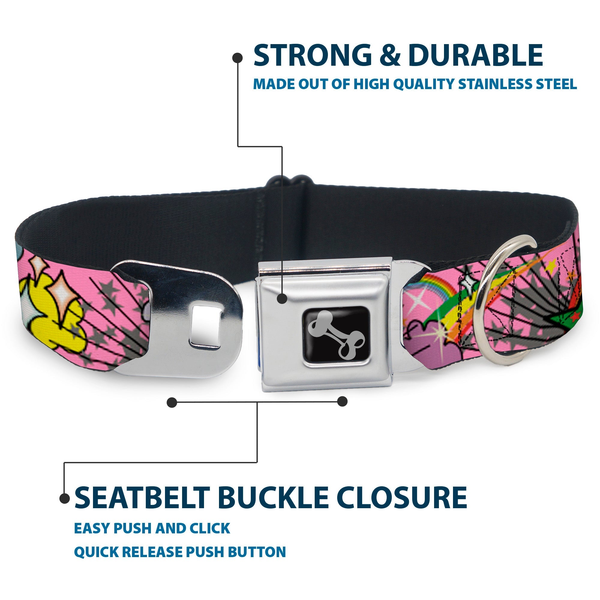 Dog Bone Seatbelt Buckle Collar - Rainbow Cloud Stars Pink