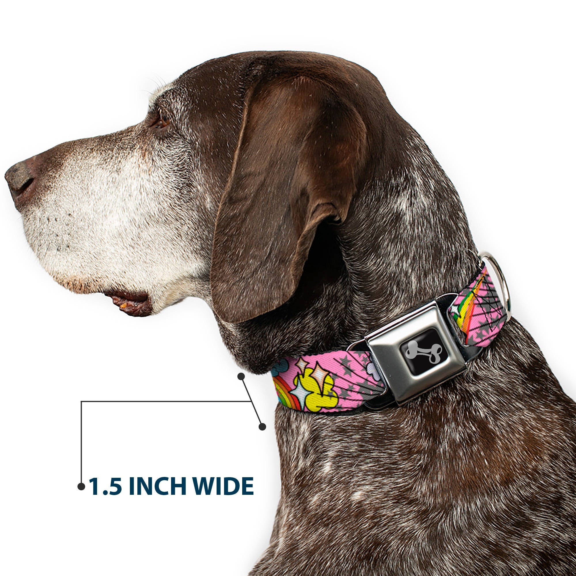 Dog Bone Seatbelt Buckle Collar - Rainbow Cloud Stars Pink