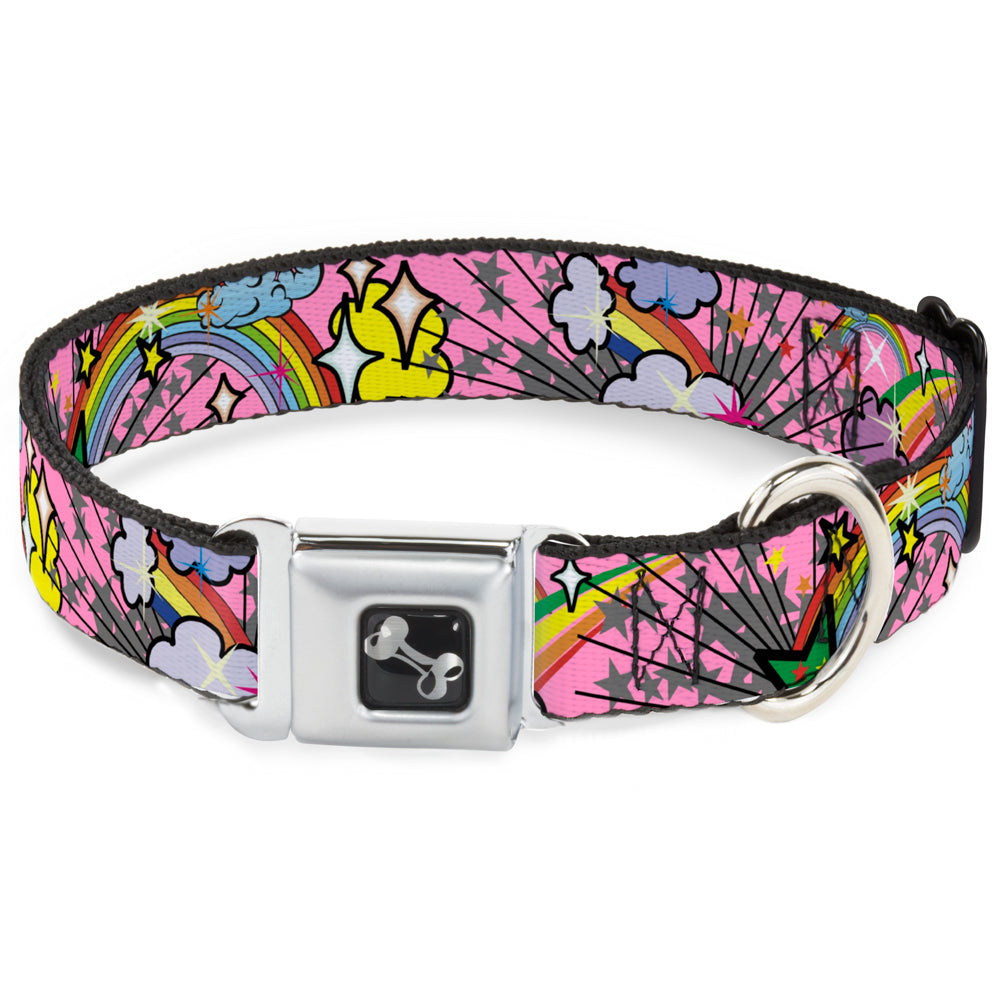 Dog Bone Seatbelt Buckle Collar - Rainbow Cloud Stars Pink