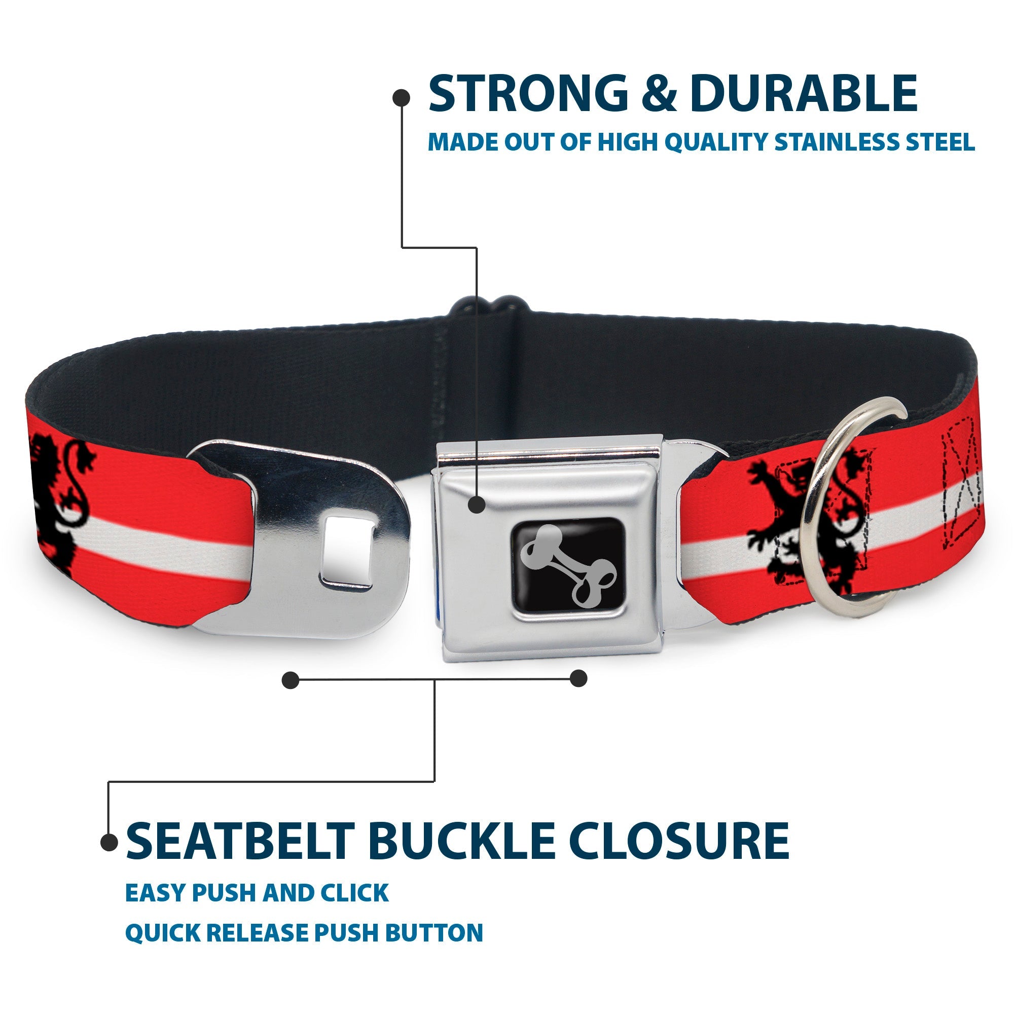 Dog Bone Seatbelt Buckle Collar - Rampant Lion Repeat/Stripes Red/White/Black