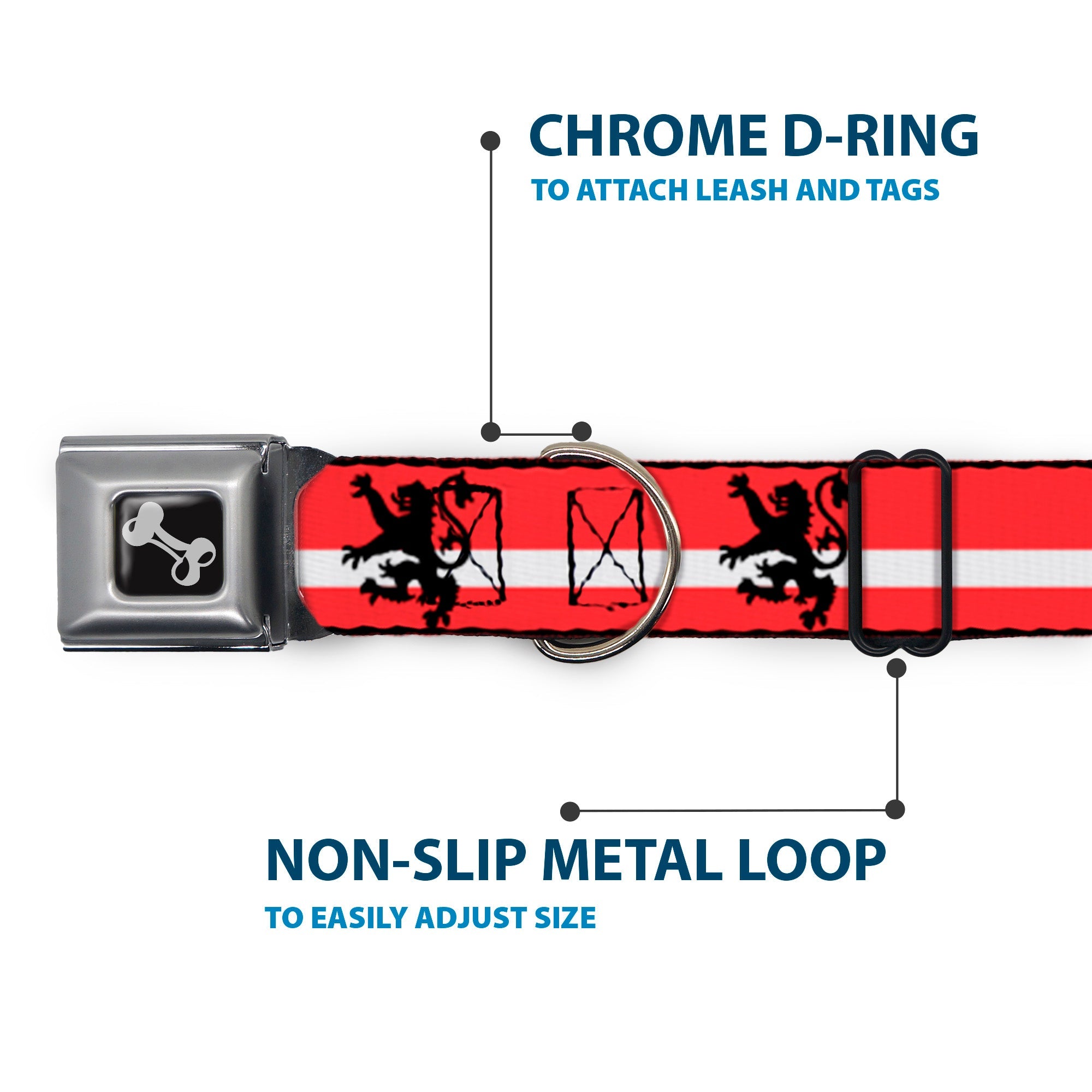 Dog Bone Seatbelt Buckle Collar - Rampant Lion Repeat/Stripes Red/White/Black