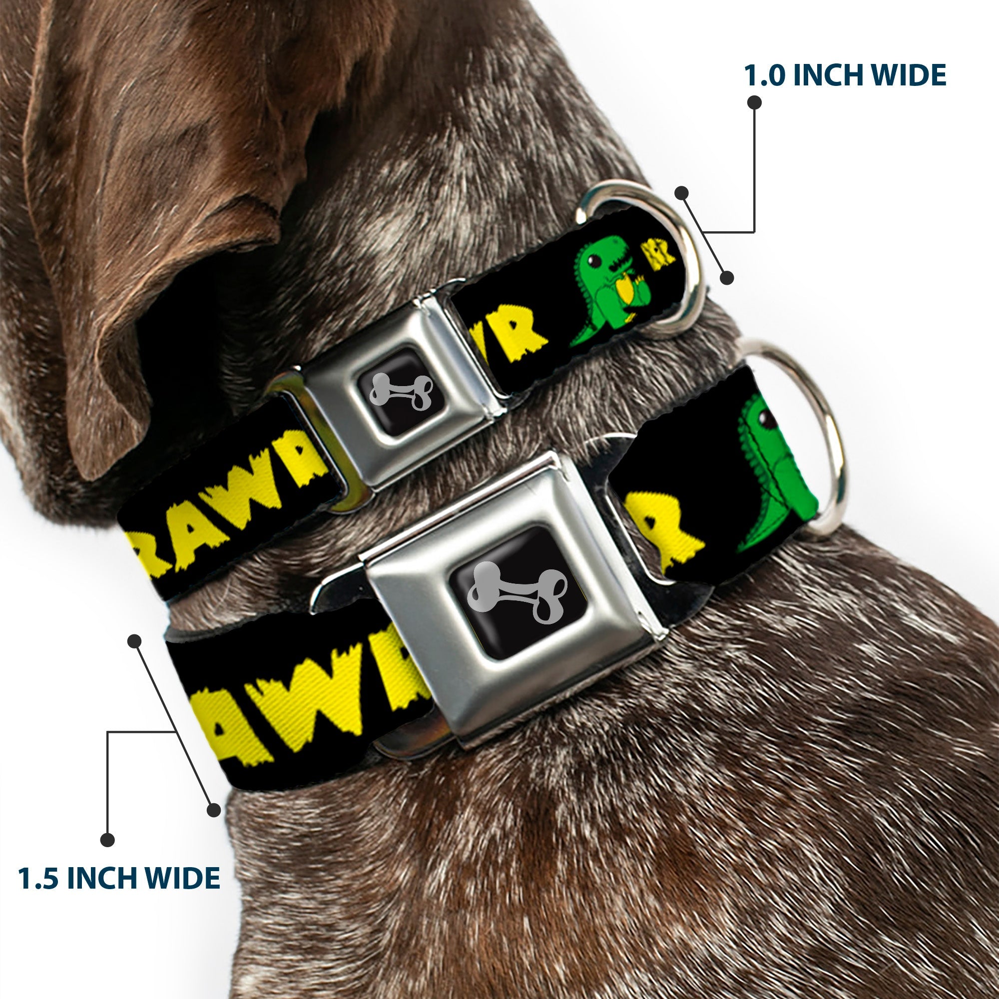 Dog Bone Seatbelt Buckle Collar - RRRAWR Dinosaur Black/Green/Yellow