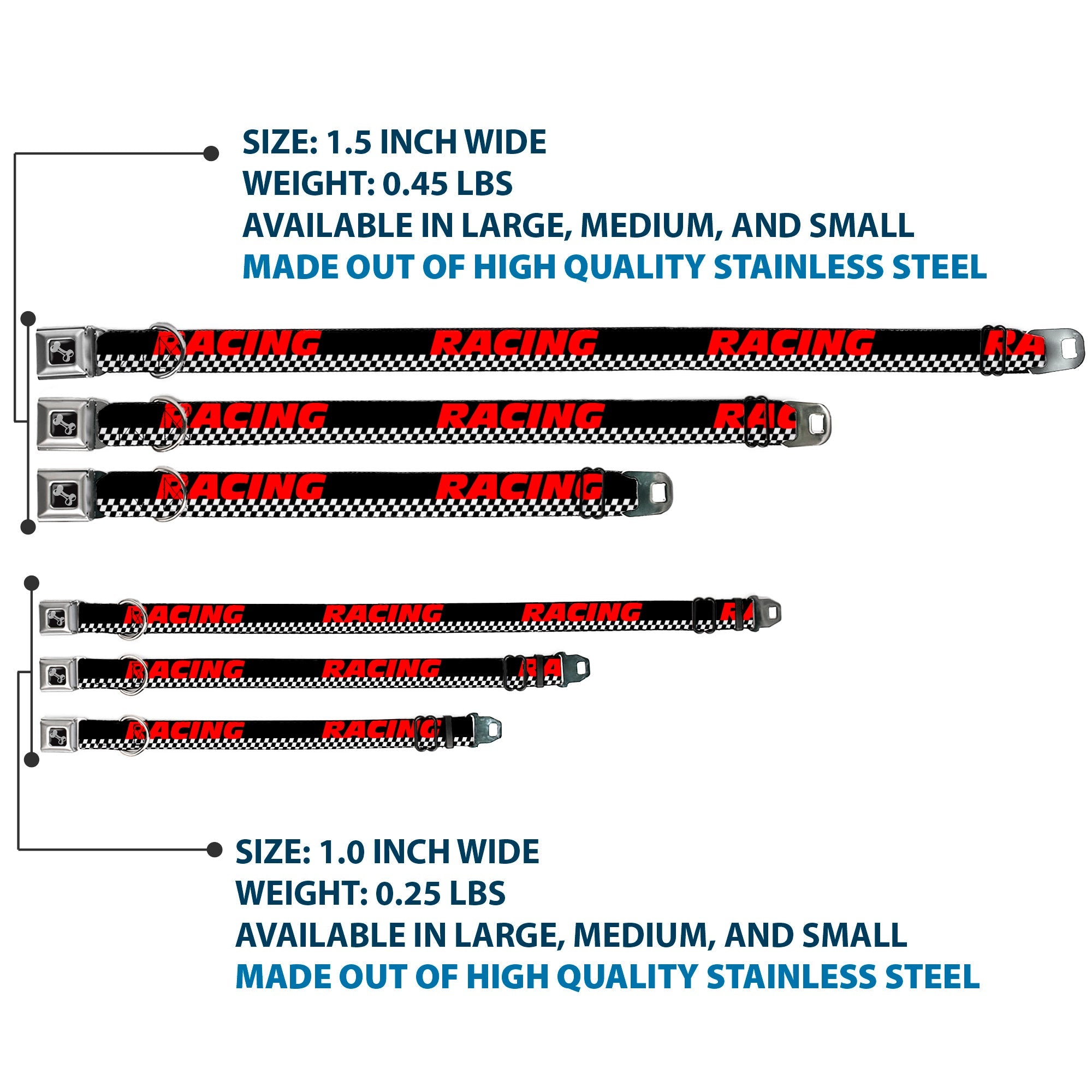 Dog Bone Seatbelt Buckle Collar - RACING w/Checker Black/White/Red