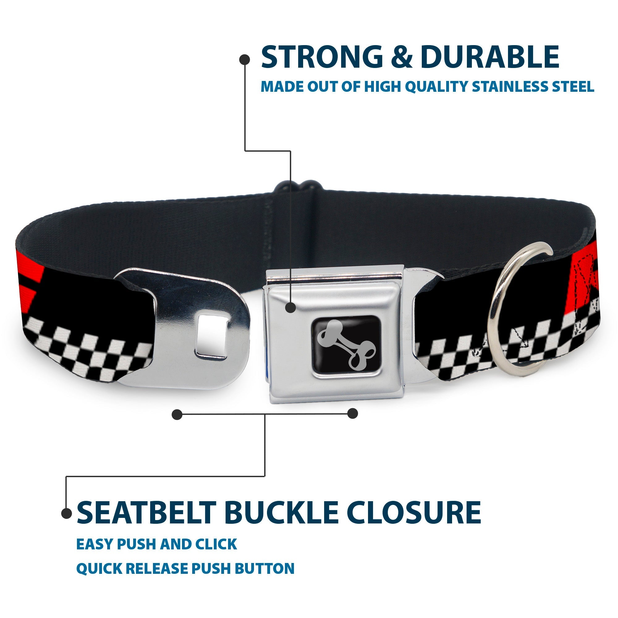 Dog Bone Seatbelt Buckle Collar - RACING w/Checker Black/White/Red