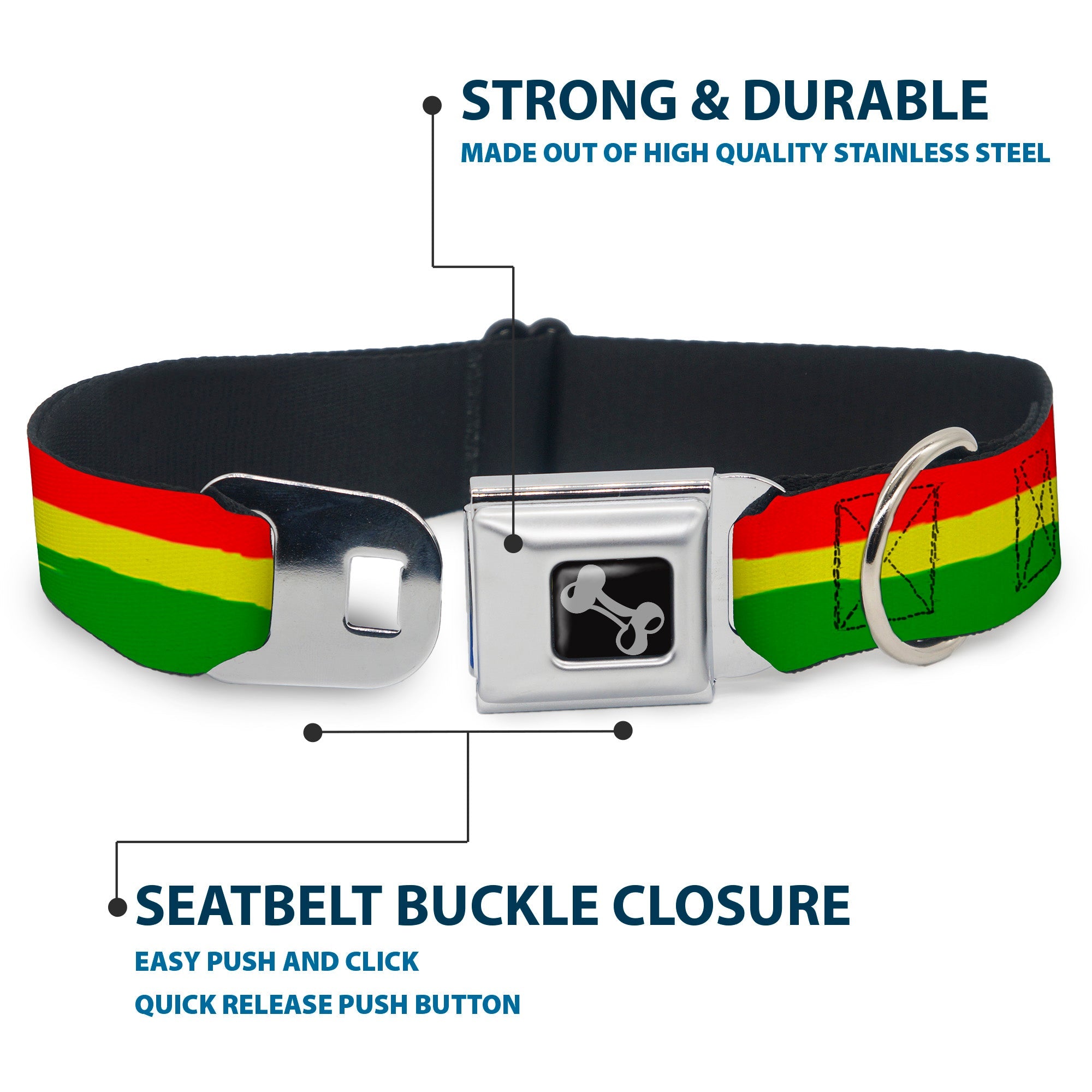 Dog Bone Seatbelt Buckle Collar - Rasta Stripes Painted Green/Yellow/Red
