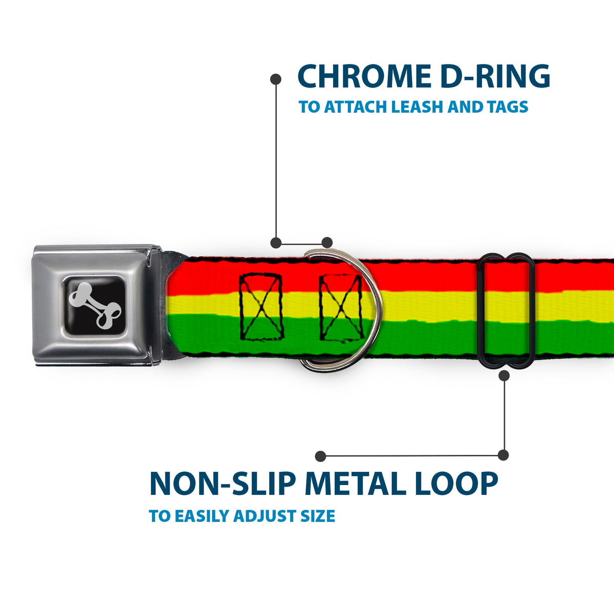 Dog Bone Seatbelt Buckle Collar - Rasta Stripes Painted Green/Yellow/Red