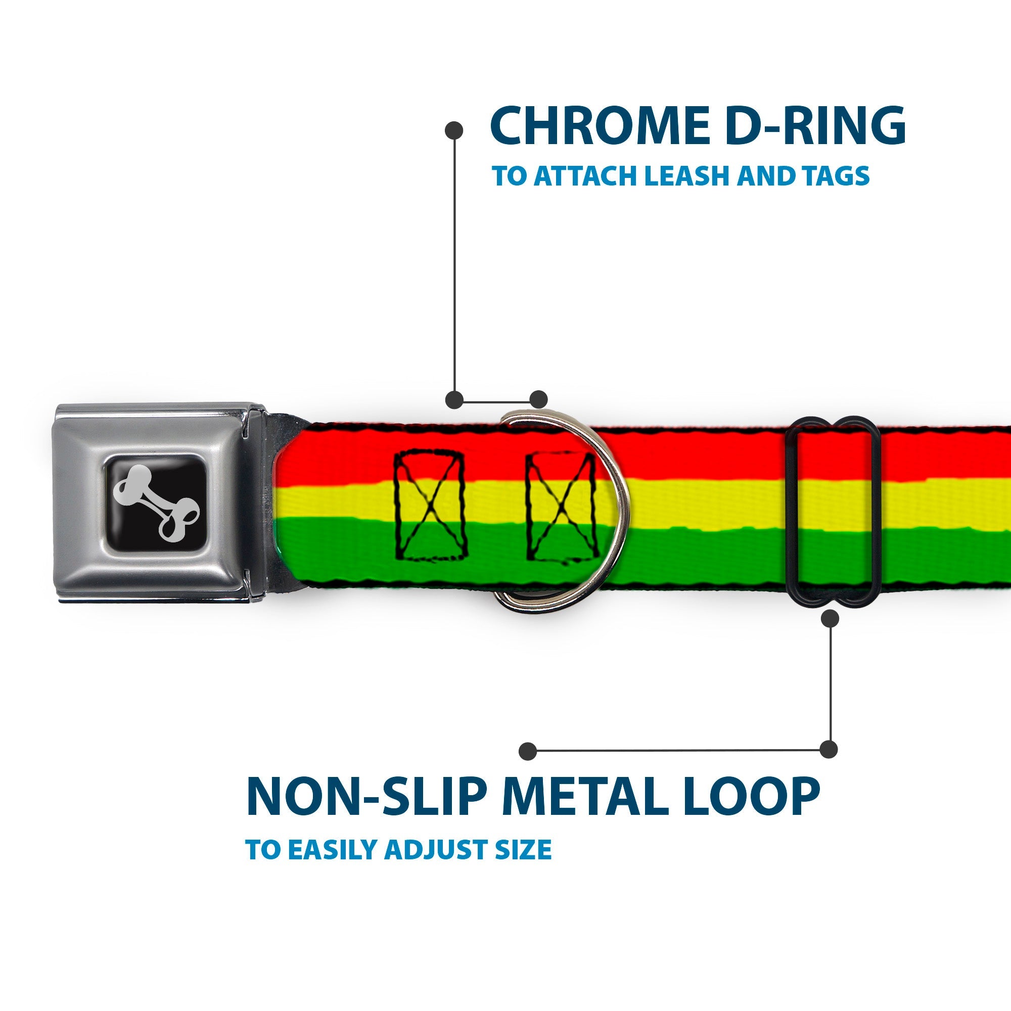 Dog Bone Seatbelt Buckle Collar - Rasta Stripes Painted Green/Yellow/Red
