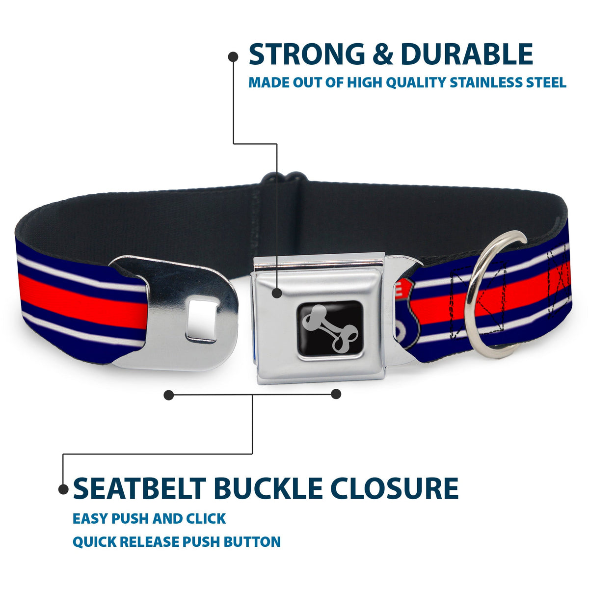 Dog Bone Seatbelt Buckle Collar - ROUTE 66 Highway Sign/Stripe Blue/White/Red