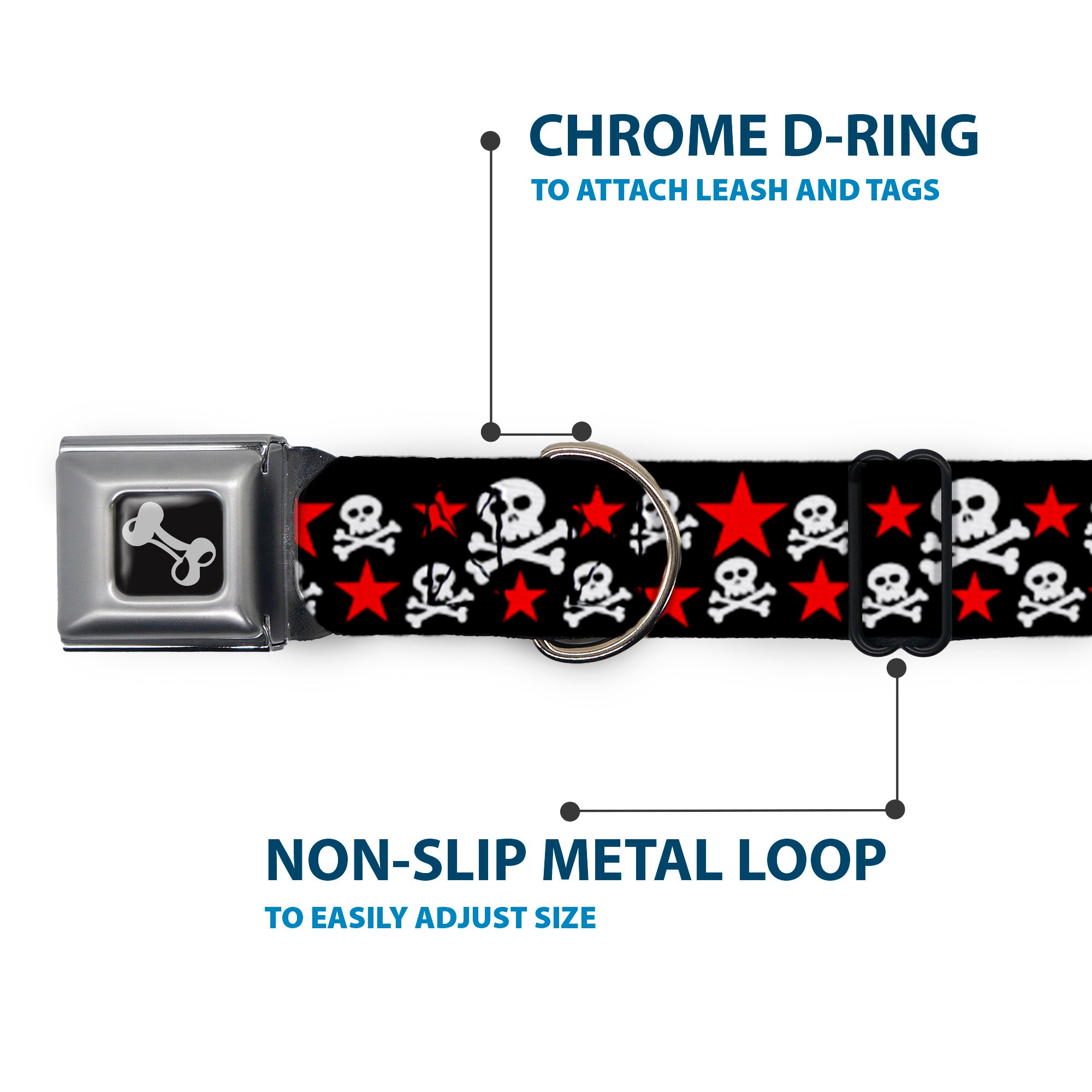 Dog Bone Seatbelt Buckle Collar - Skulls & Stars Black/White/Red