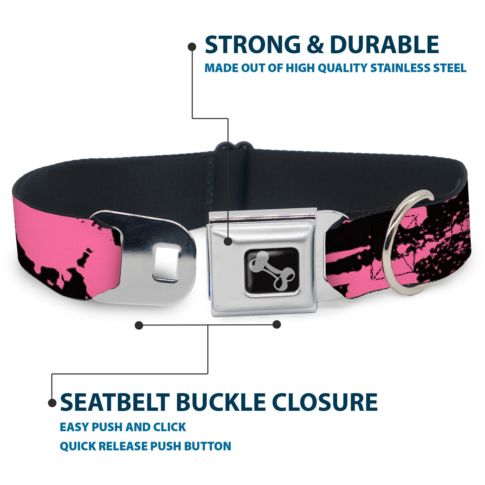 Dog Bone Seatbelt Buckle Collar - Splatter Black/Pink