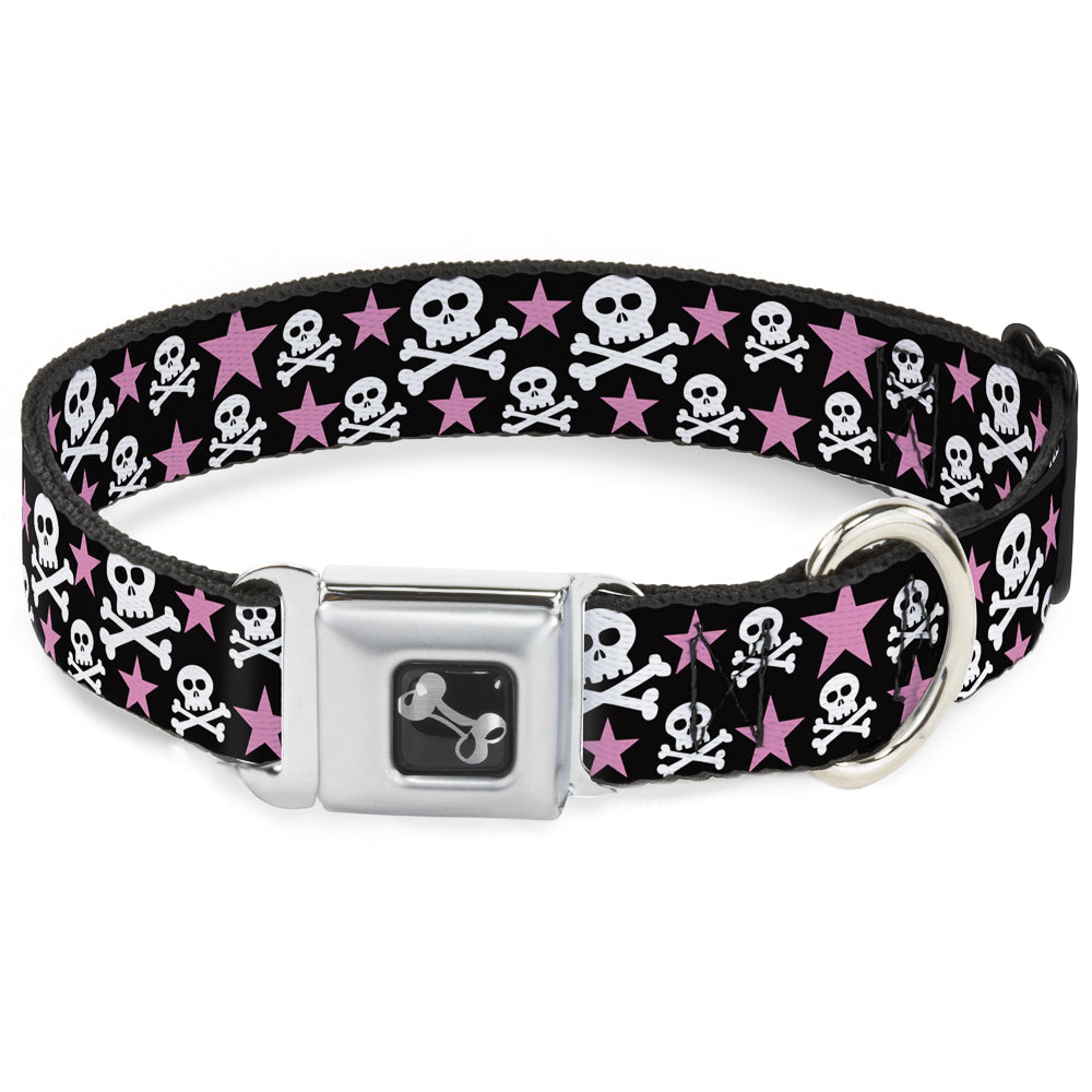 Dog Bone Seatbelt Buckle Collar - Skulls & Stars Black/White/Pink