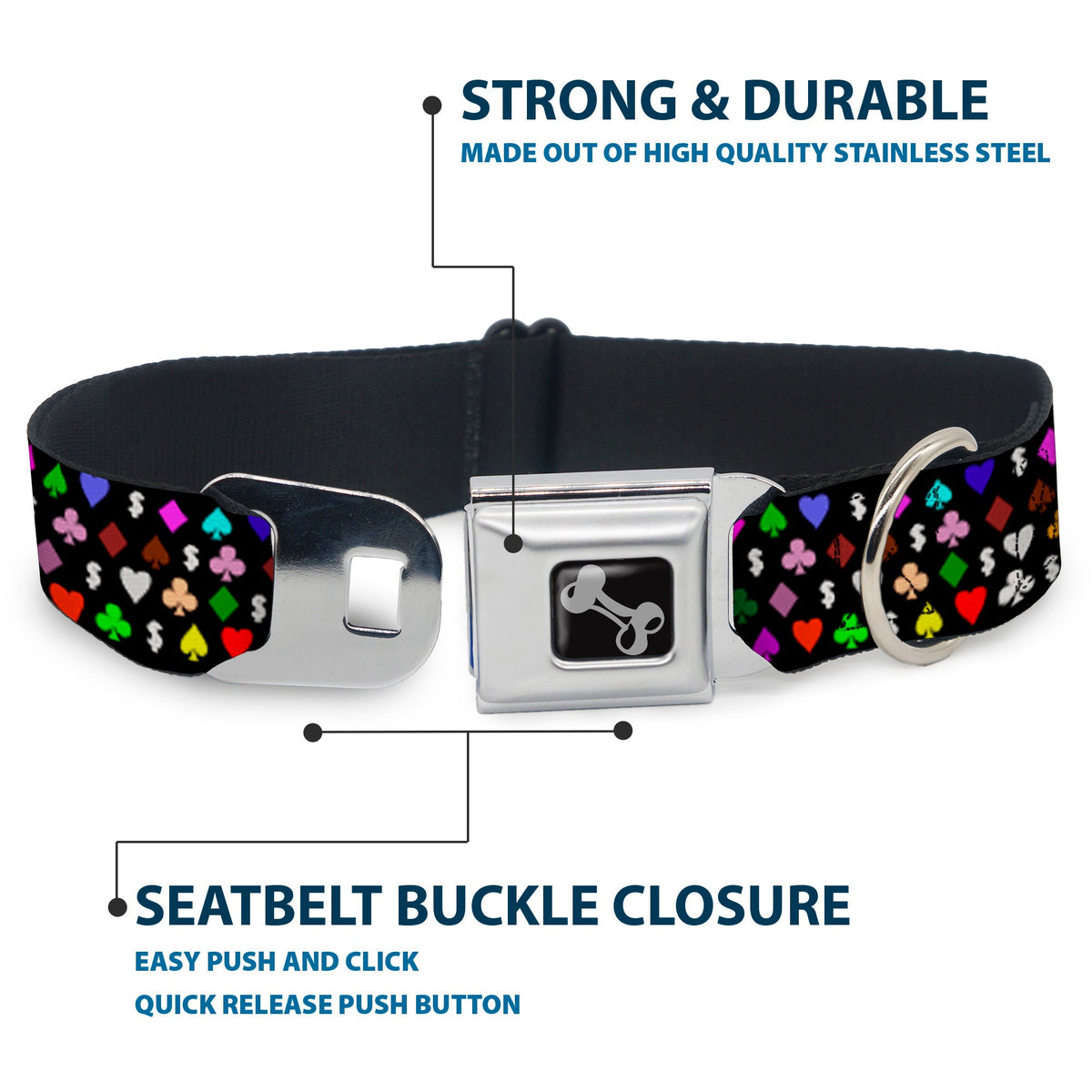Dog Bone Seatbelt Buckle Collar - Suits $$$ Black/Multi Color