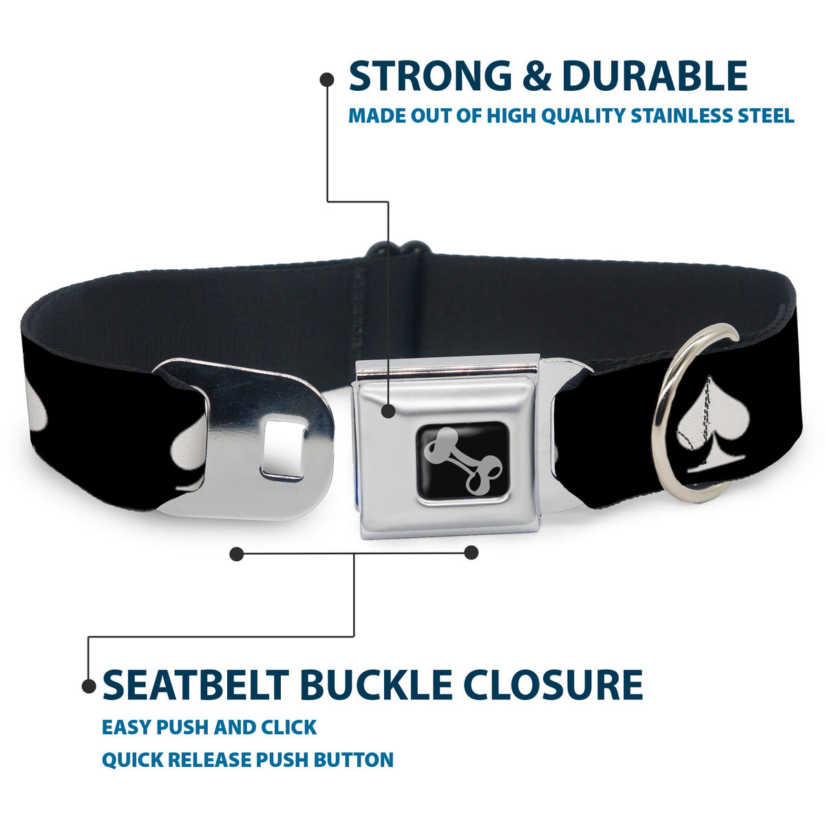 Dog Bone Seatbelt Buckle Collar - Spade Black/White
