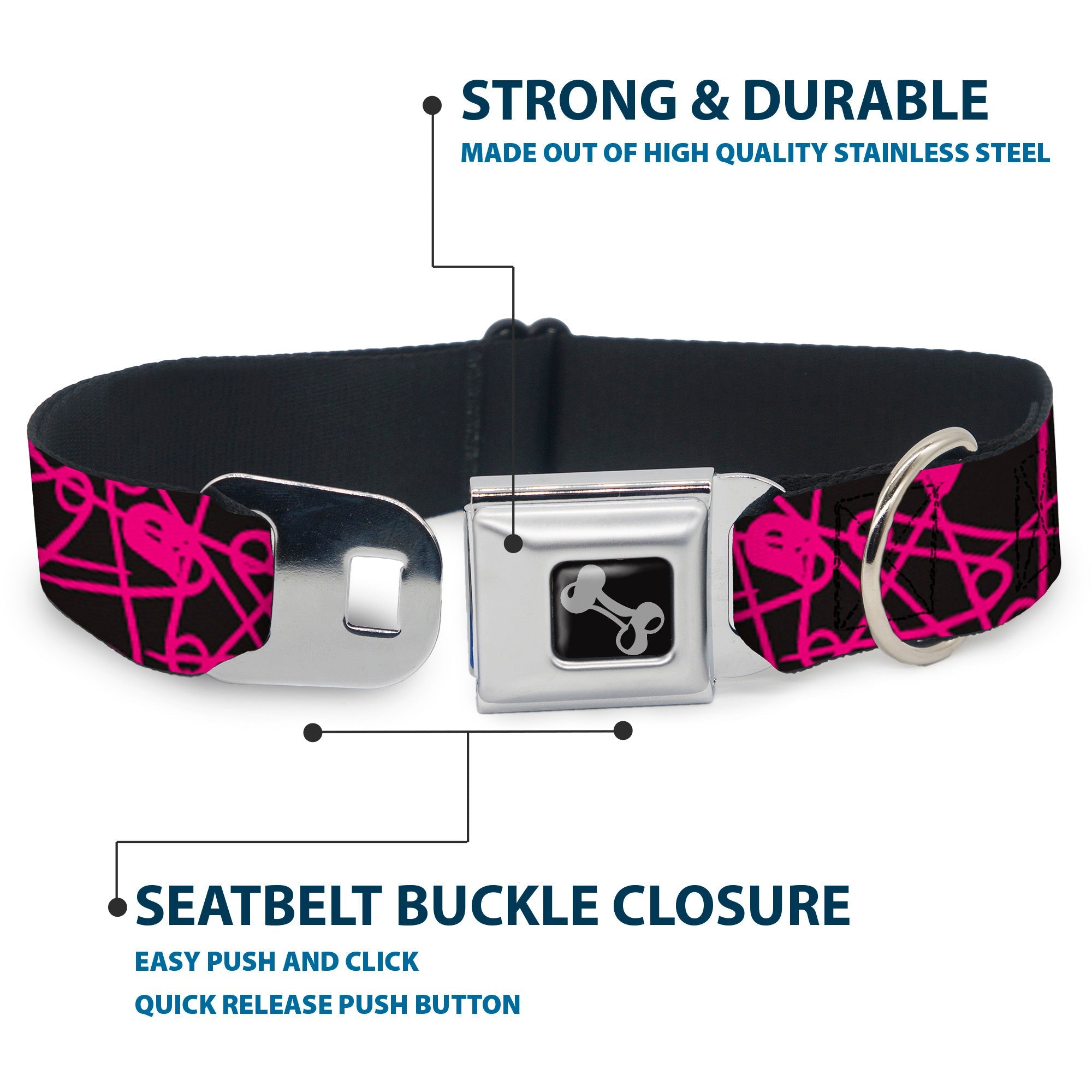 Dog Bone Seatbelt Buckle Collar - Safety Pins Black/Fuchsia