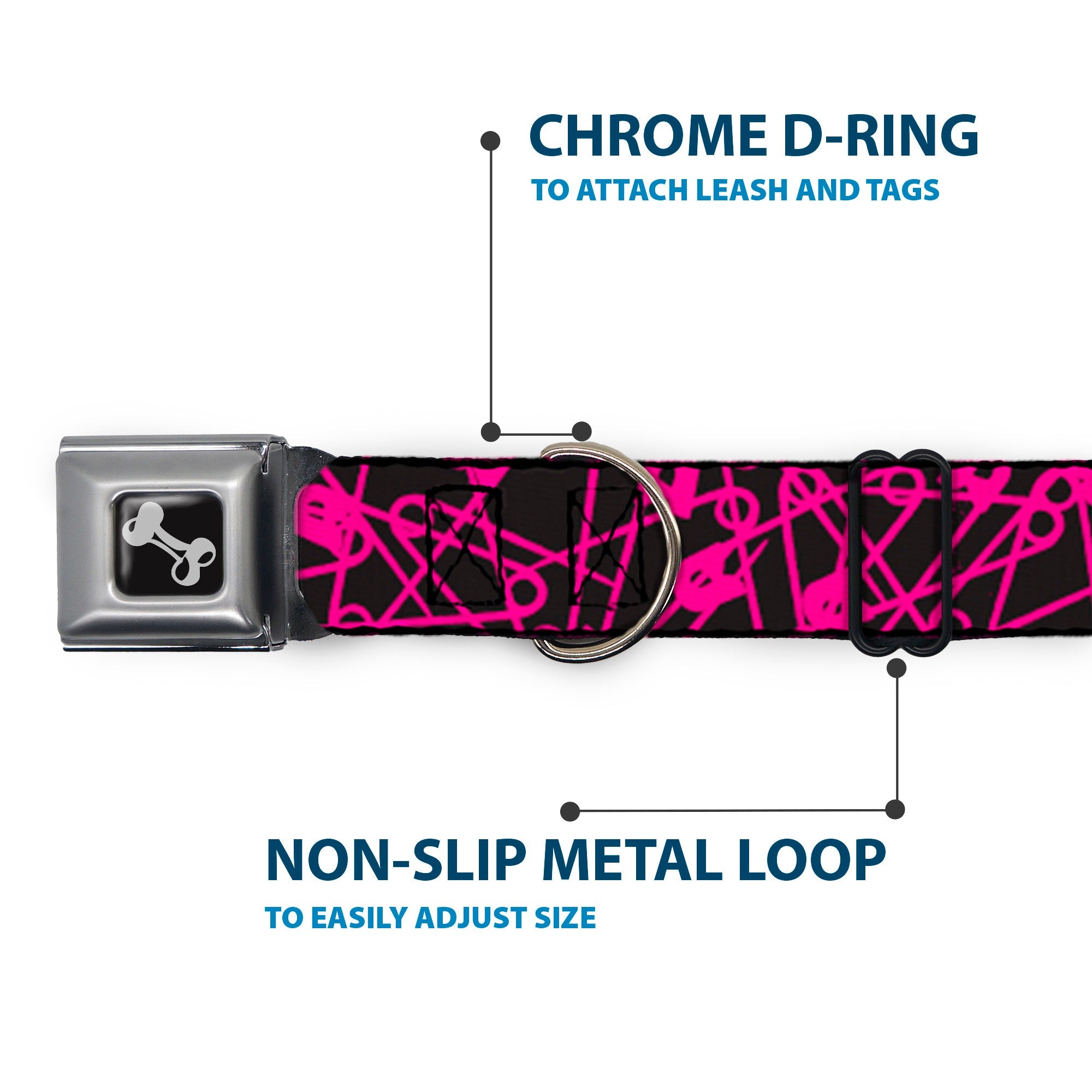 Dog Bone Seatbelt Buckle Collar - Safety Pins Black/Fuchsia