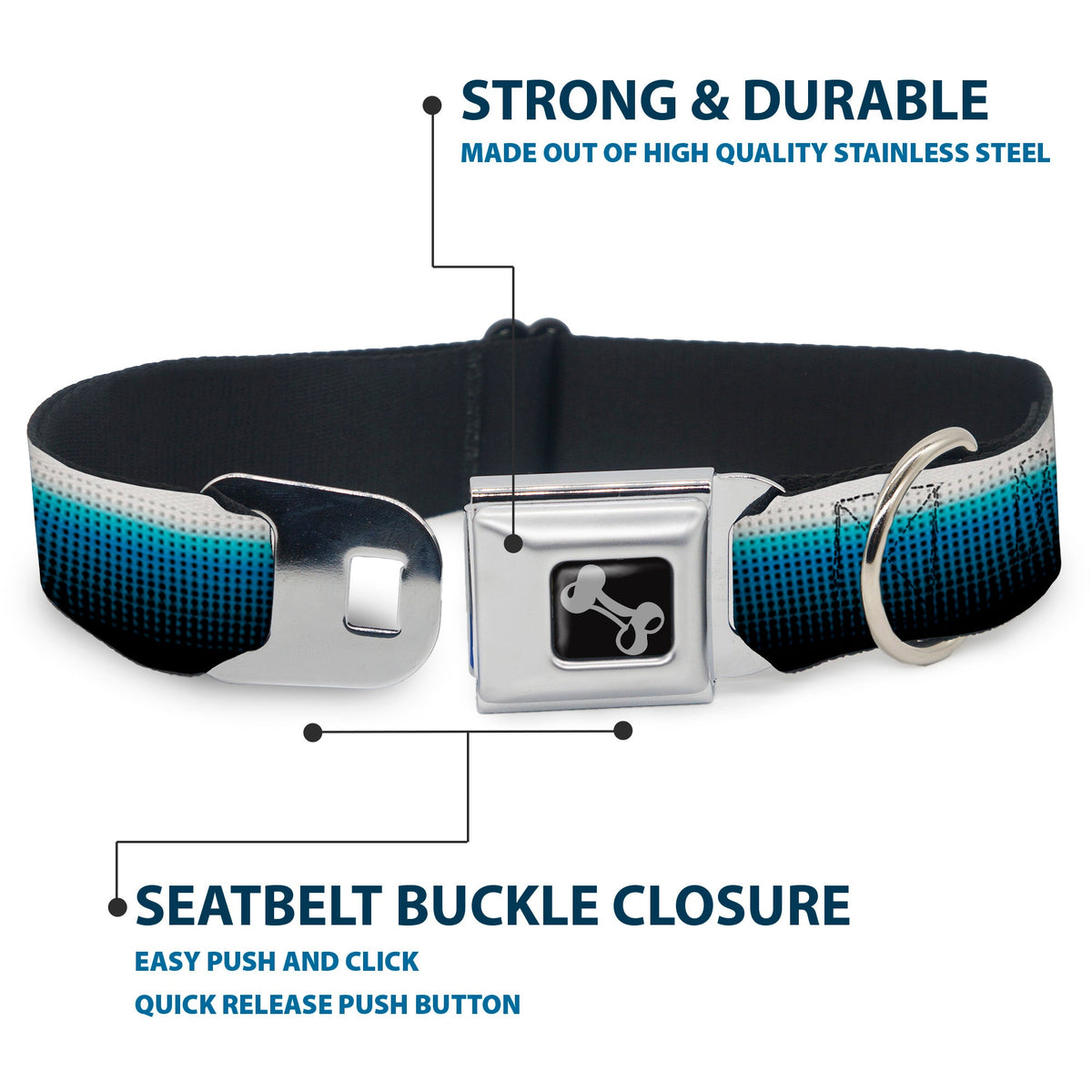 Dog Bone Seatbelt Buckle Collar - Transitioning Dots White/Blue/Black