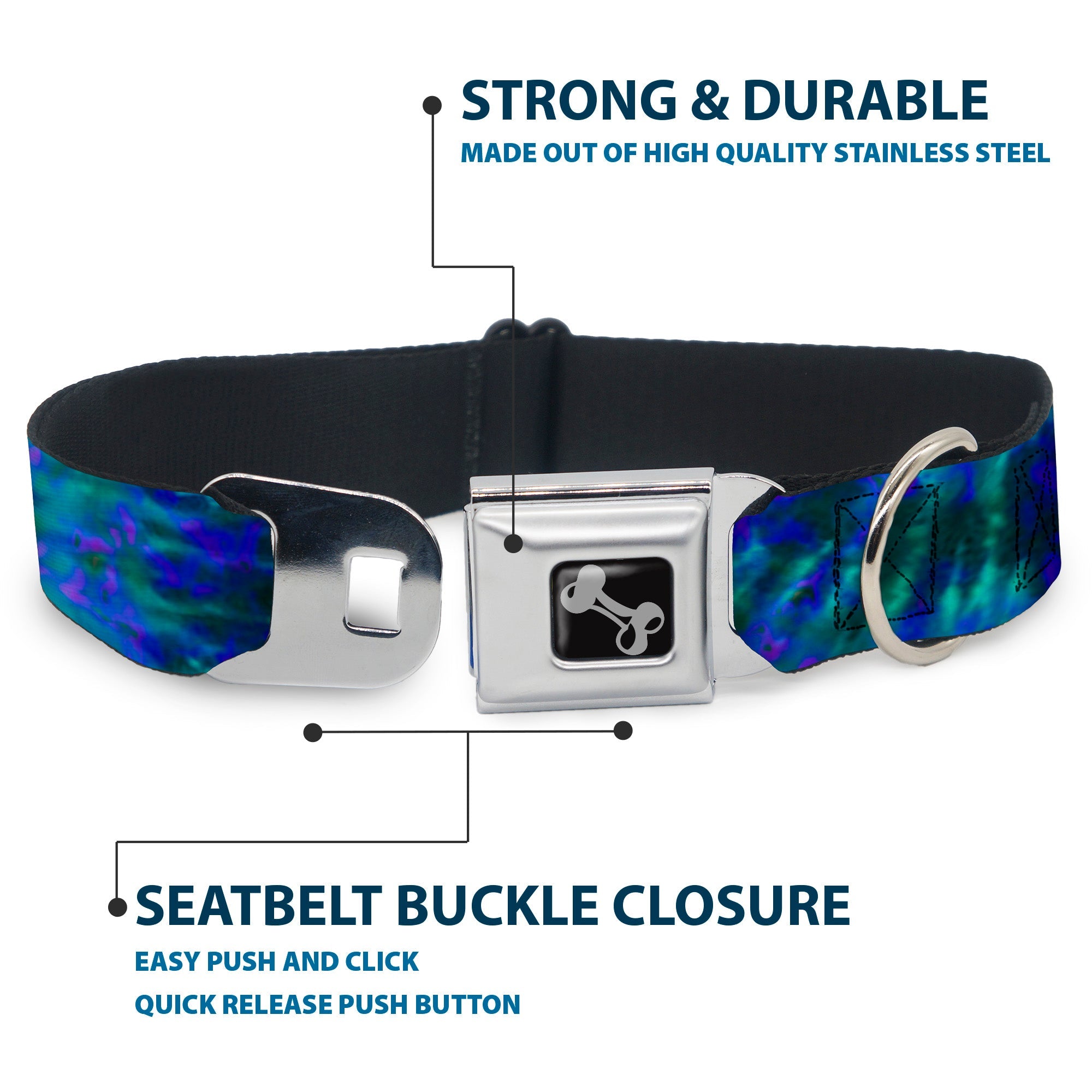 Dog Bone Seatbelt Buckle Collar - Tie Dye Green/Blue/Purple