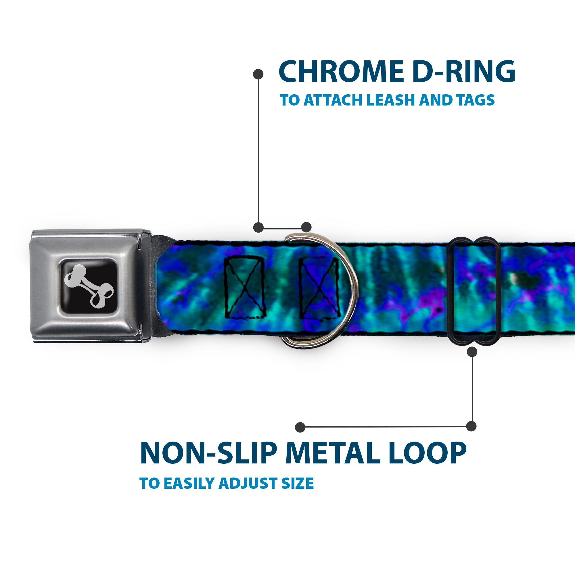 Dog Bone Seatbelt Buckle Collar - Tie Dye Green/Blue/Purple