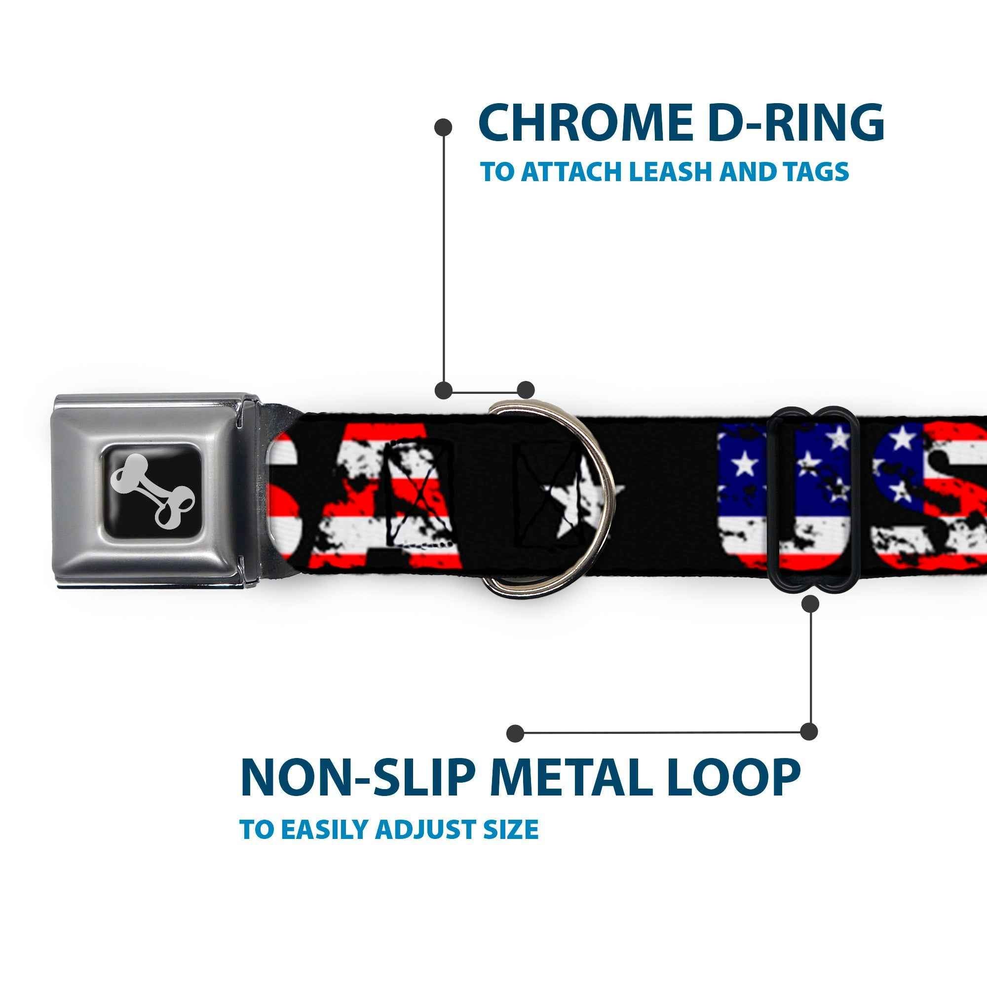 Dog Bone Seatbelt Buckle Collar - USA w/Star Black/US Flags