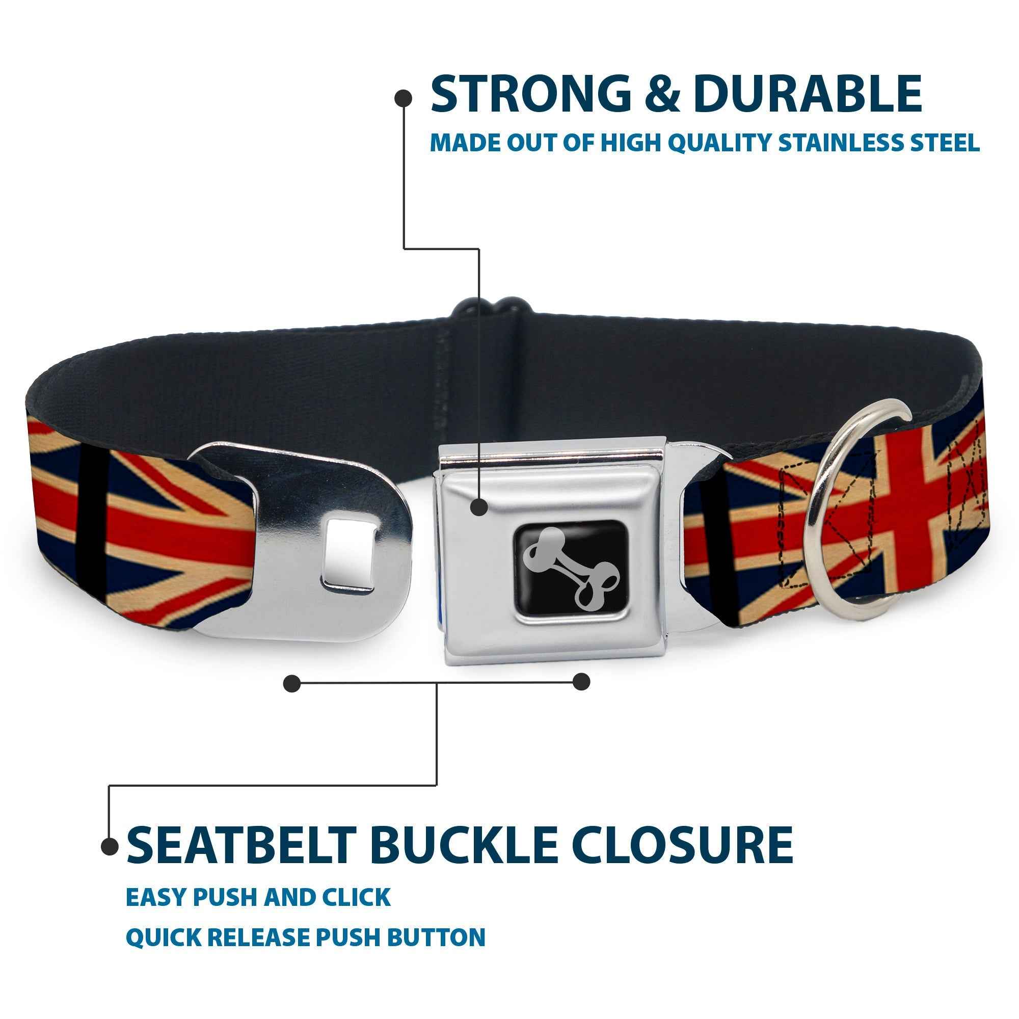 Buckle-Down Dog Bone Black/Silver Seatbelt Buckle Dog Collar - United Kingdom Flags Vintage Black