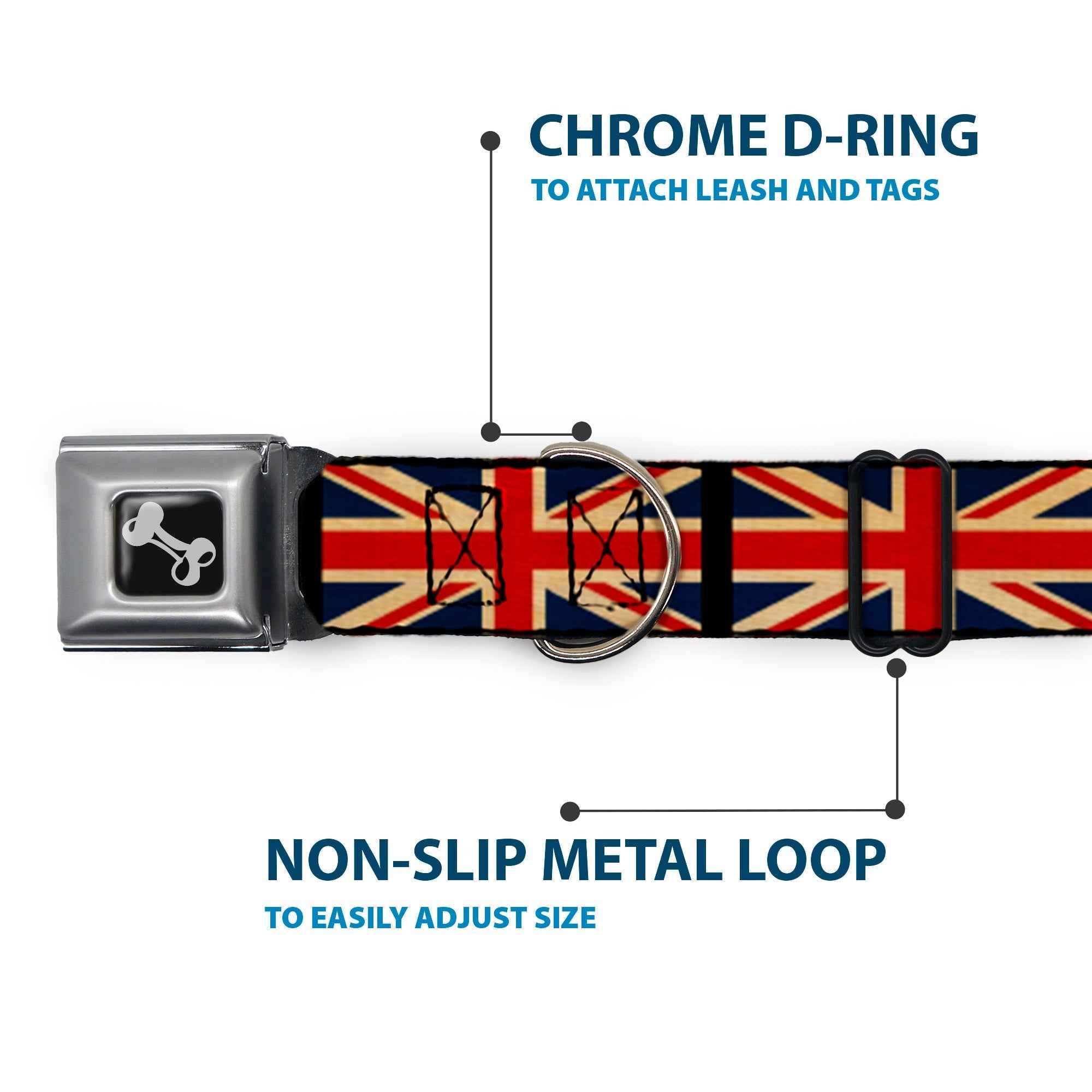 Buckle-Down Dog Bone Black/Silver Seatbelt Buckle Dog Collar - United Kingdom Flags Vintage Black