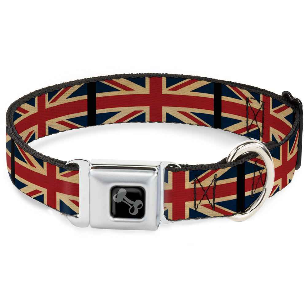 Buckle-Down Dog Bone Black/Silver Seatbelt Buckle Dog Collar - United Kingdom Flags Vintage Black