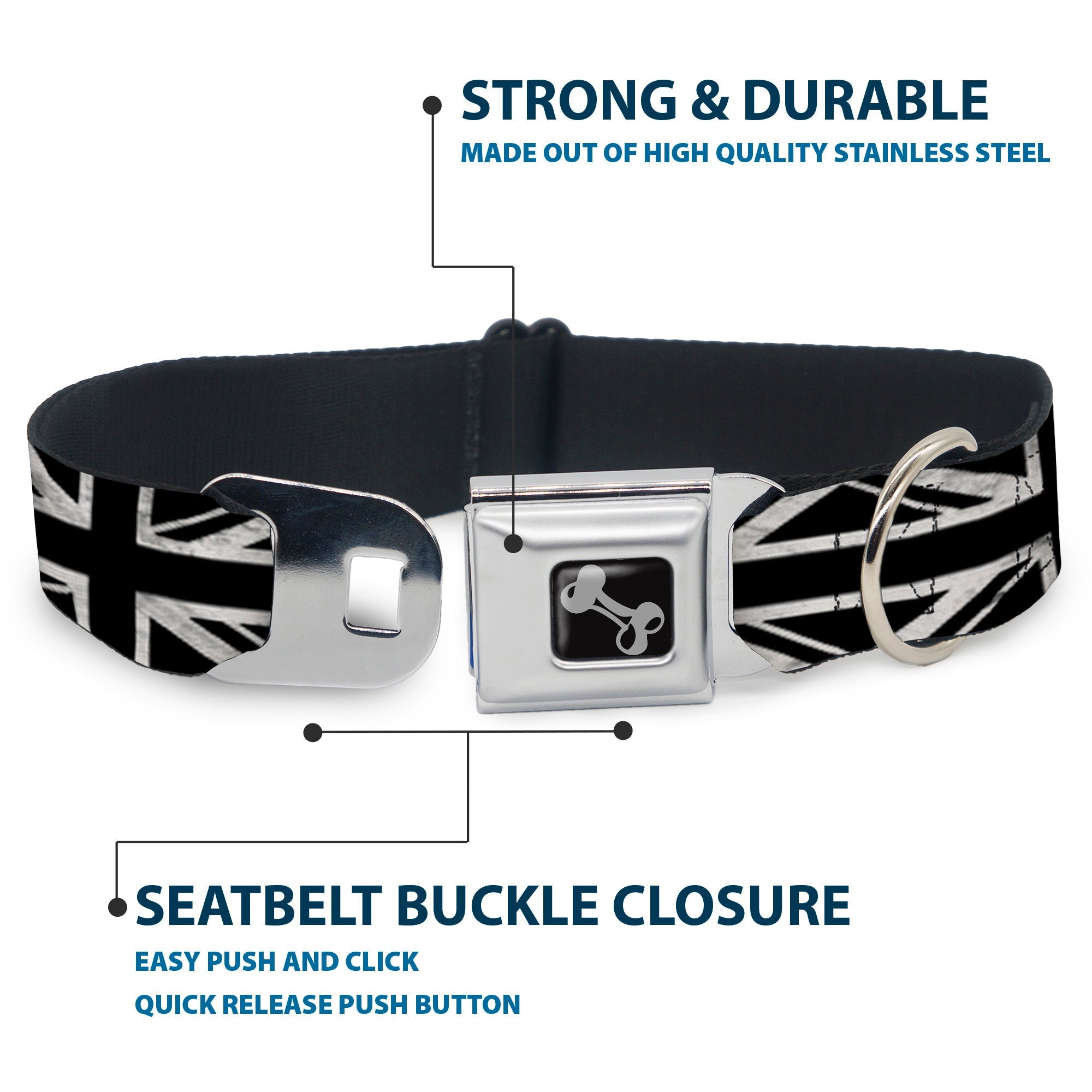 Dog Bone Seatbelt Buckle Collar - Union Jack Distressed Black/White