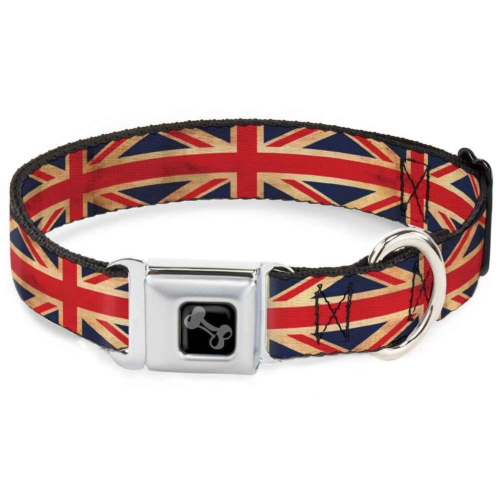 Buckle-Down Dog Bone Black/Silver Seatbelt Buckle Dog Collar - United Kingdom Flag Continuous Vintage