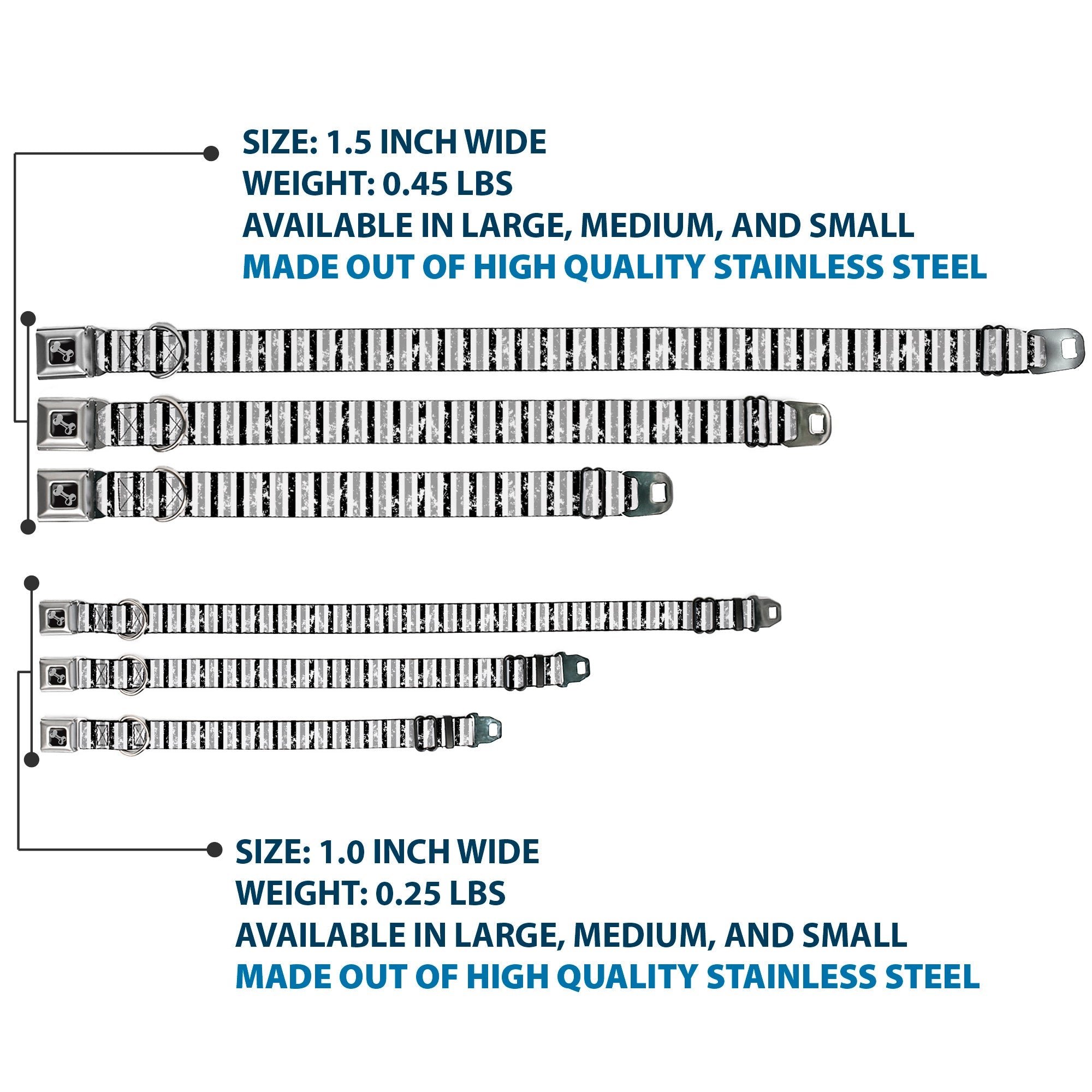 Dog Bone Seatbelt Buckle Collar - Vertical Stripes White/Black/Gray