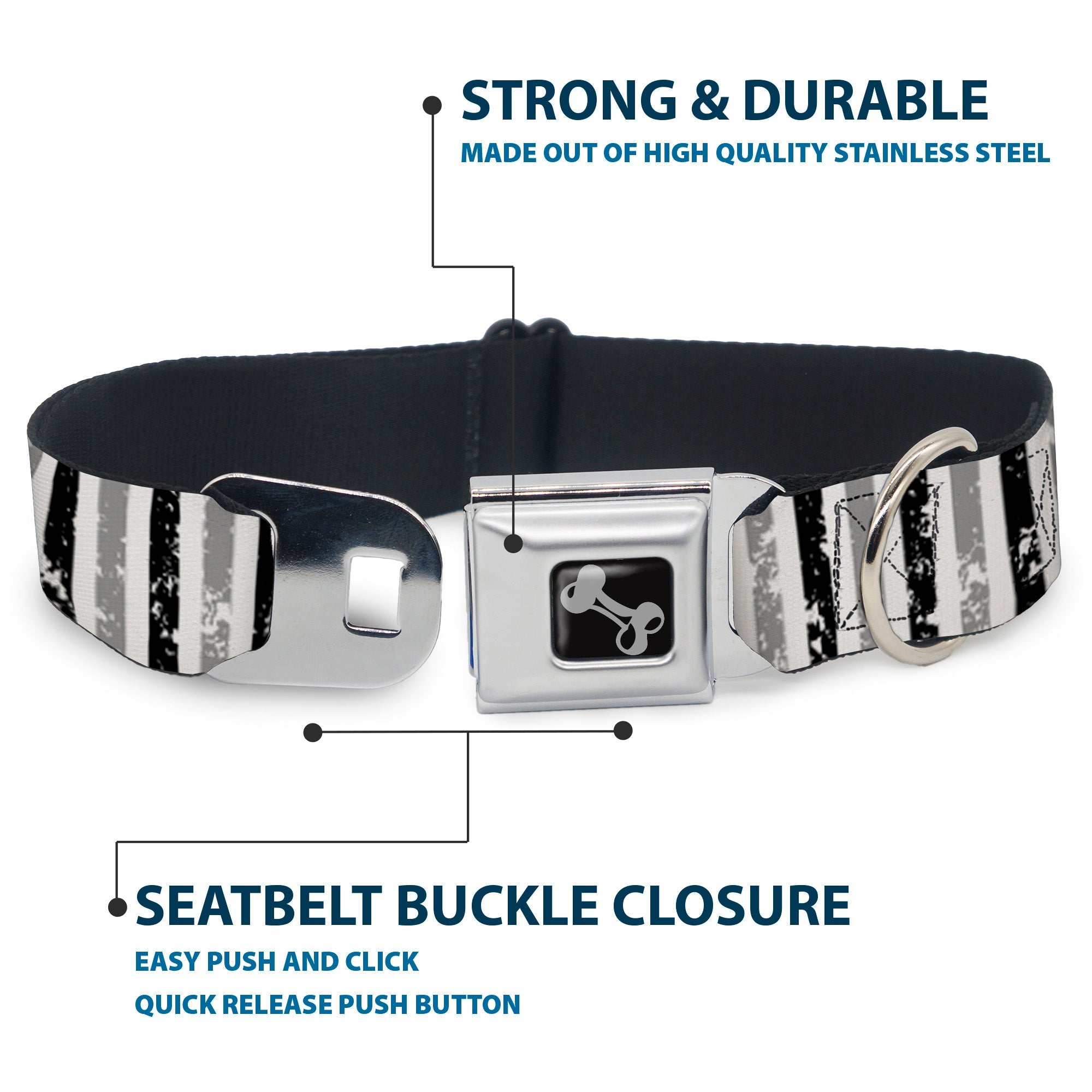 Dog Bone Seatbelt Buckle Collar - Vertical Stripes White/Black/Gray