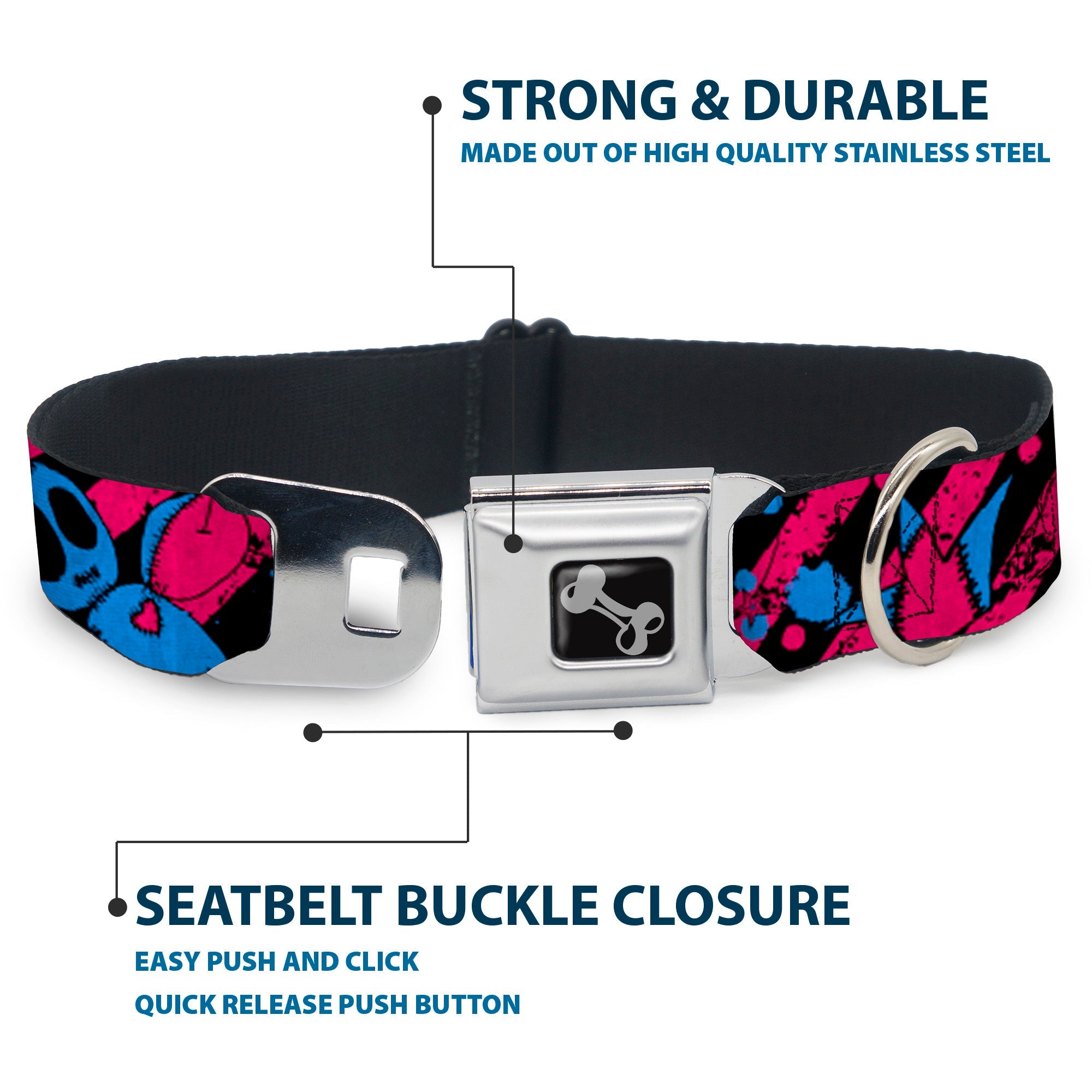 Dog Bone Seatbelt Buckle Collar - Voodoo Black/Pink/Blue