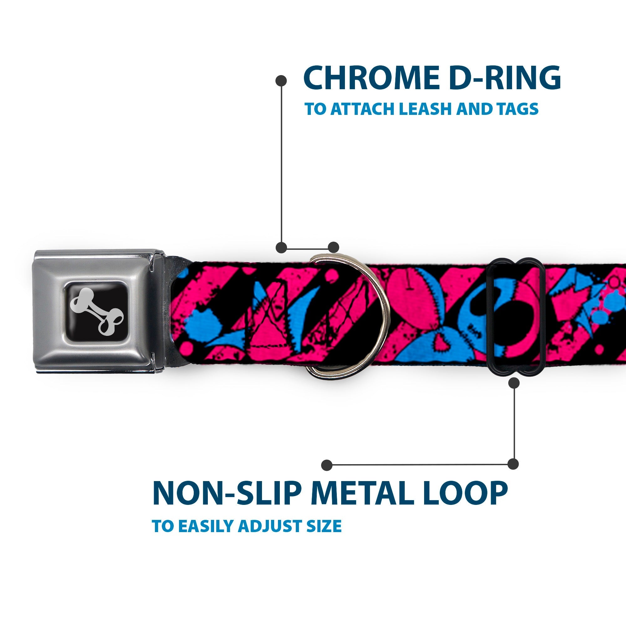 Dog Bone Seatbelt Buckle Collar - Voodoo Black/Pink/Blue