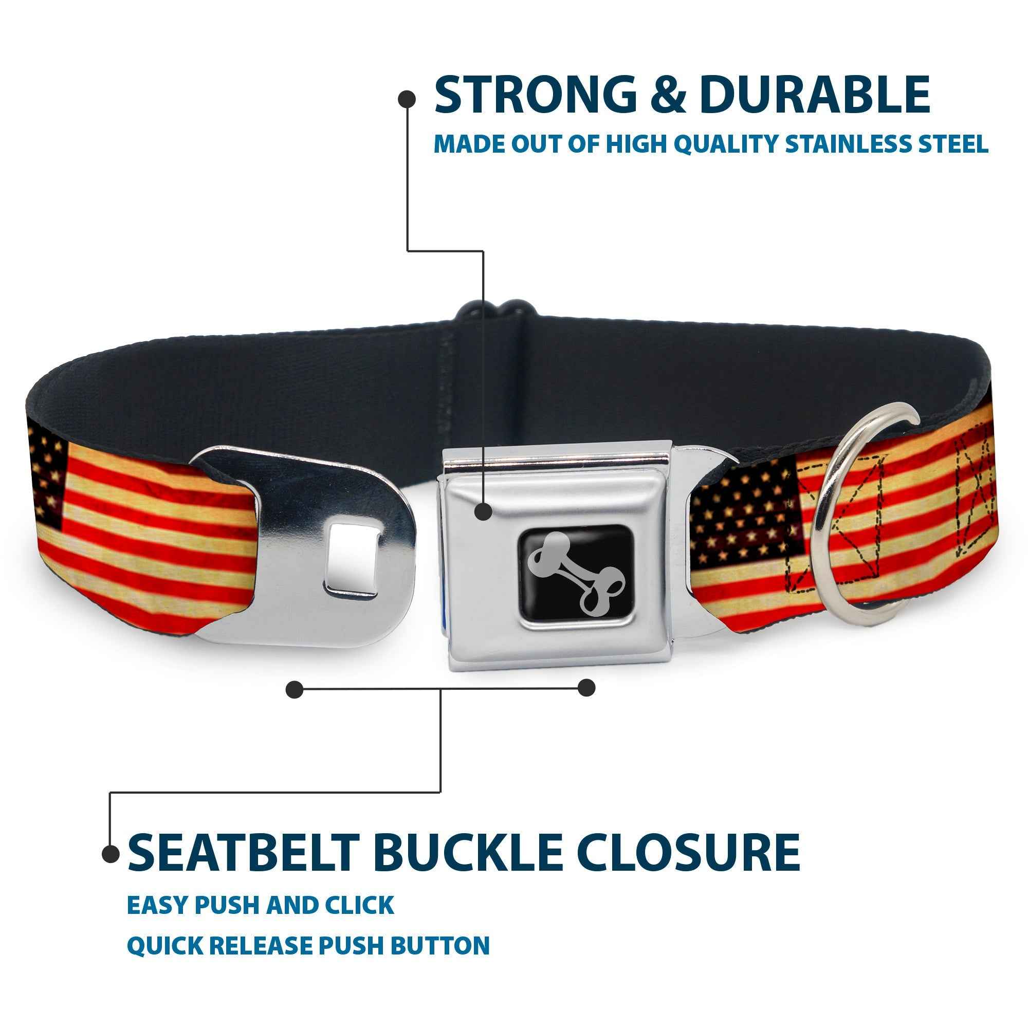 Buckle-Down Vintage US Flag Repeat Seatbelt Buckle Dog Collar