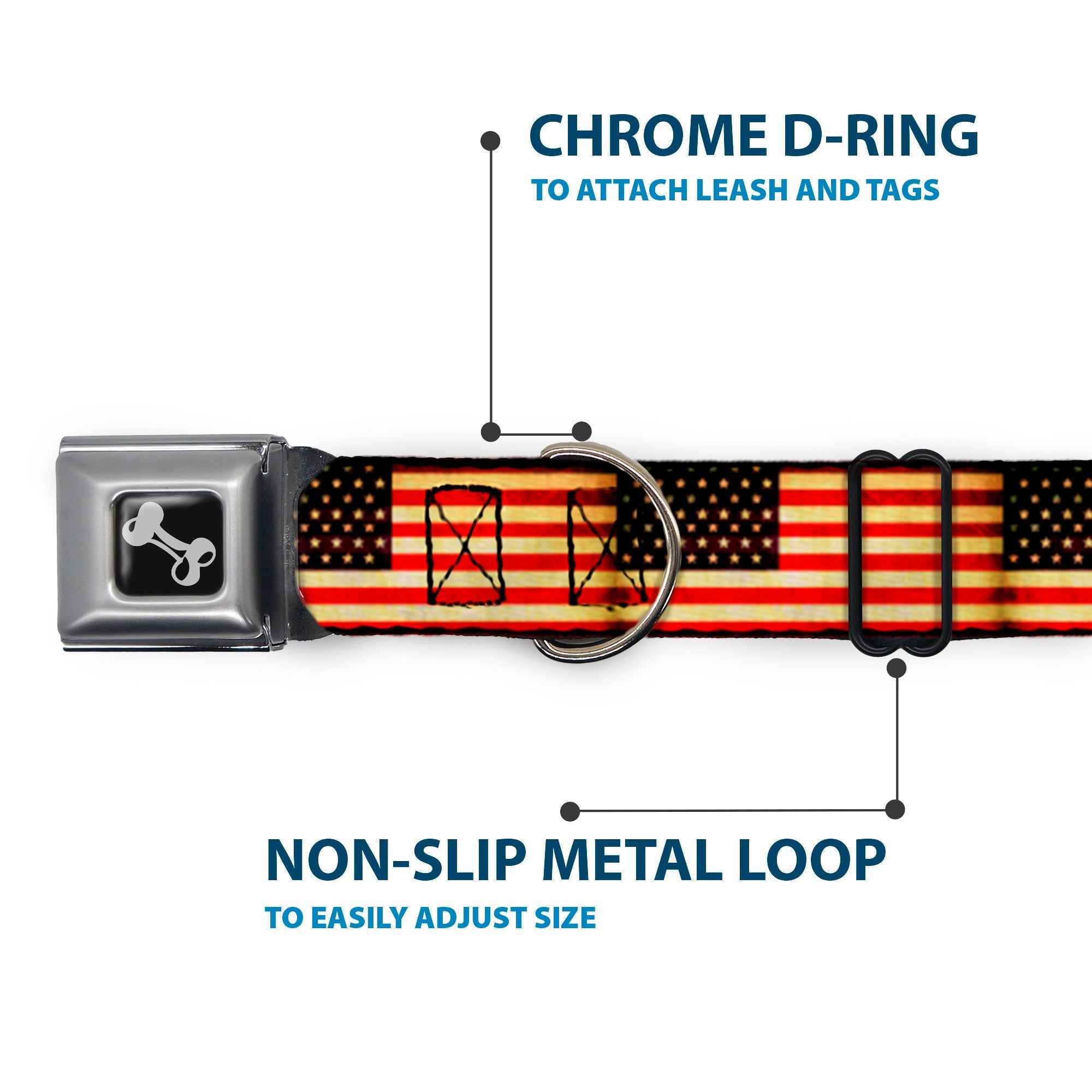 Buckle-Down Vintage US Flag Repeat Seatbelt Buckle Dog Collar