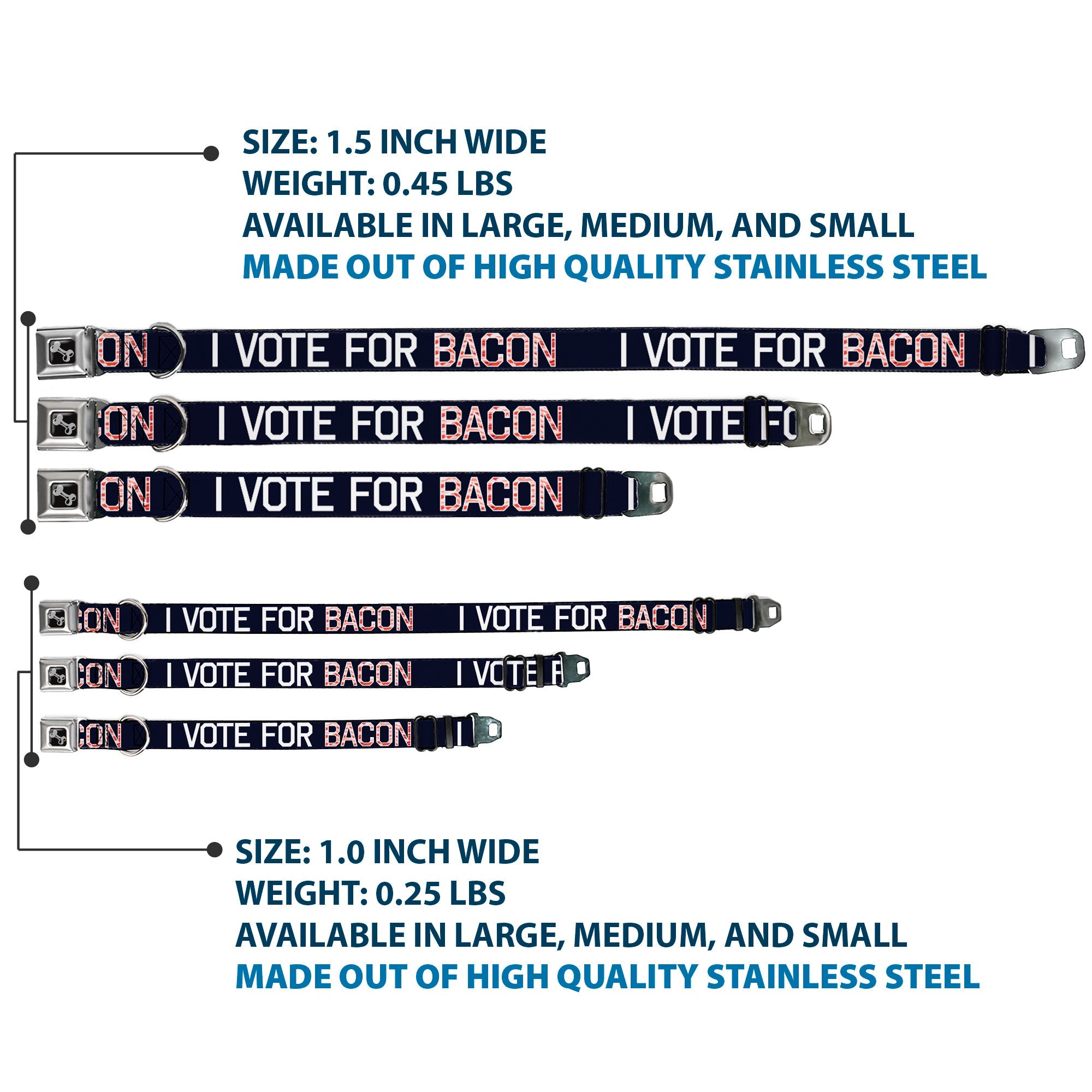 Dog Bone Seatbelt Buckle Collar - VOTE FOR BACON Black/White/Bacon